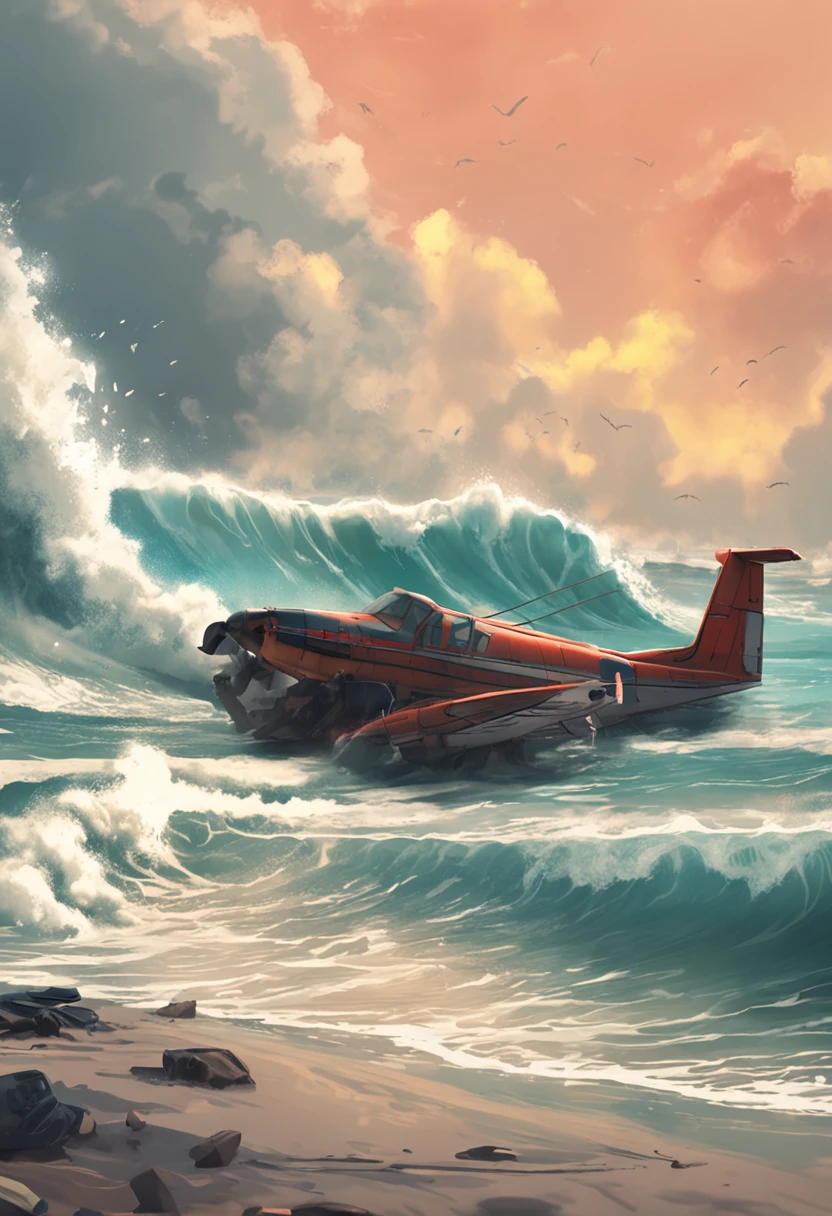 A sandy beach,There are white clouds,with waves,There are a lot of trees on the beach,There were the bodies of several people lying in the water,And the wreckage of the plane on the beach