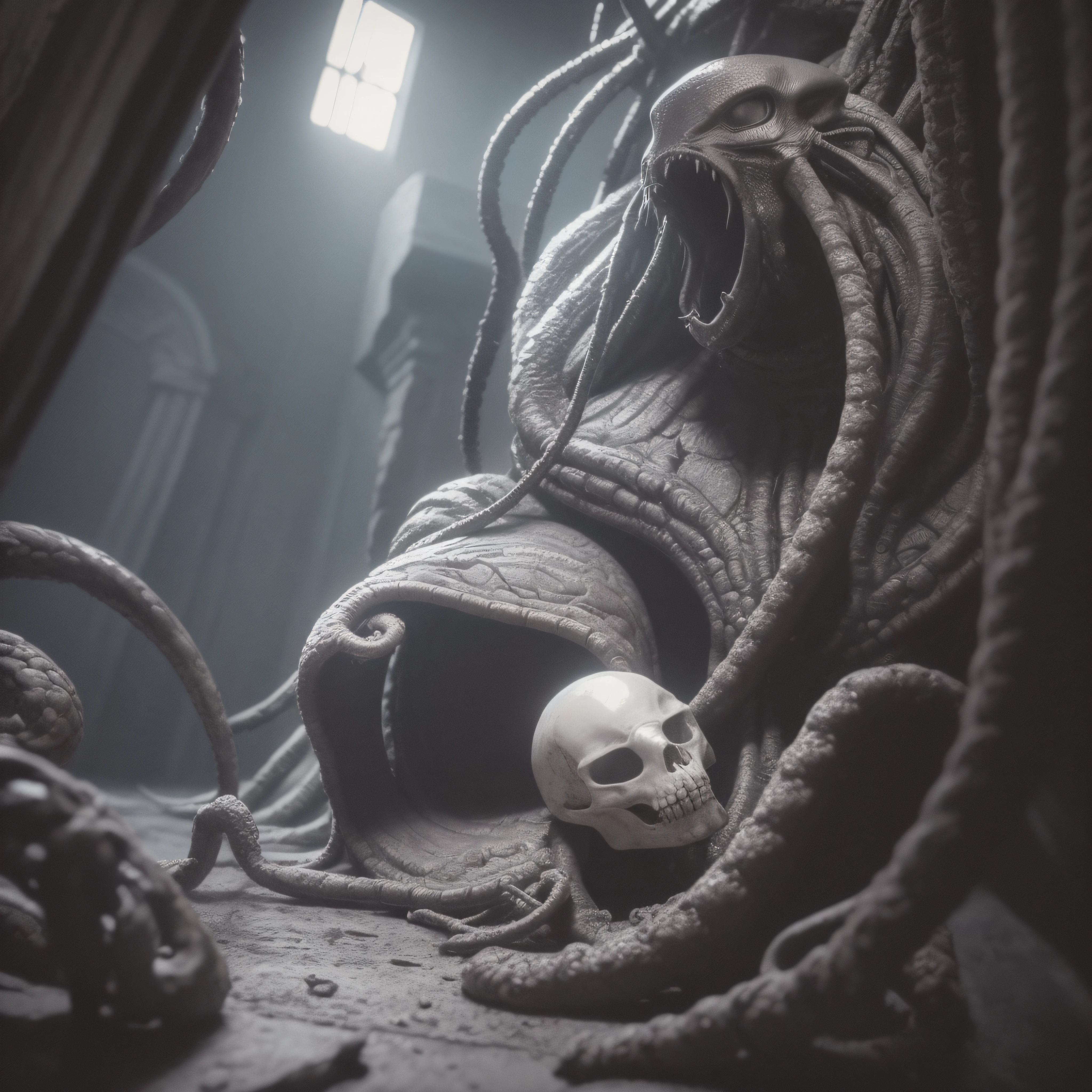 (extremadamente detallado, obra maestra, La mejor calidad), Estilo oscuro, intense illumination, rostro con arrugas, mujer crucificada, tentacle, monstruoso, interior de una piscina de agua, imagen submarina, alien con Colmillos finos. manchas de tinta. Rococo composition. Luz de caravaggio