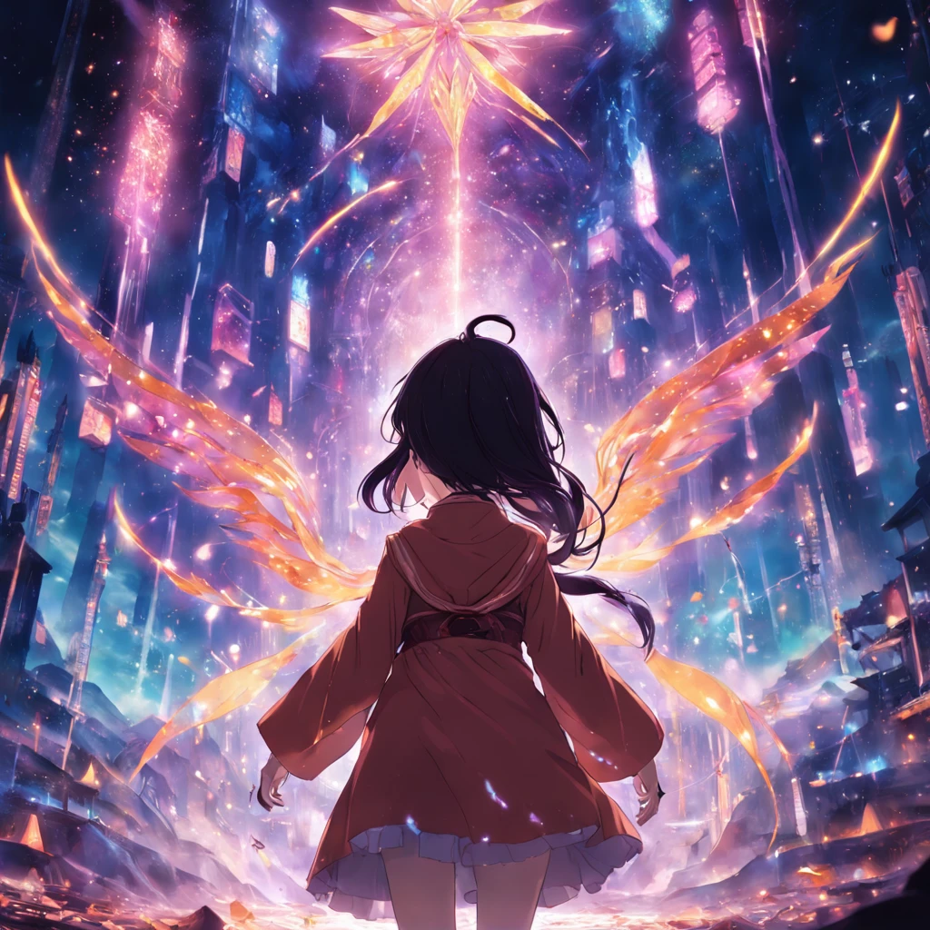 masterpiece, best quality, movie still, 1 girl, girl in fantasy land, facing back, bright, girl casting magic, warm lighting, smirk