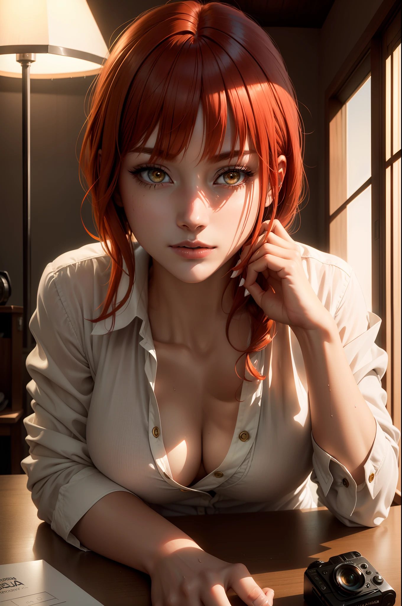 Makima from chainsaw man, there is a desk in a room with a window and a lamp, Makima is sitting at the desk, red hair, glistening yellow eyes, detailed face, soft lips, soft skin, extremely detailed face, perfect quality, wet skin and hair, medium soft breasts, red hair, fashion realistic, high-definition sysie details, photography , sharpness, unique 850 4, koda850 k portrait camera, f1.6 lens, rich colors, super realistic texture, spectacular light texture, surreal art, Cinestil 800 fashion mechanism, moody
