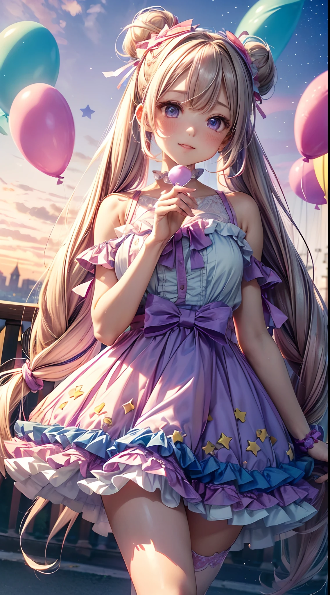 (fullbody, legs and shoes visible: 1.2)) expressive eyes, woman, pale skin, long hair, windblown hair, ((absurdly long hair)), long sidelocks, hime bangs, hair fringe, hair bun, ((very long twintails)), iridescent hair, light pink hair, blushing, full face blushing, big sparkling pastel purple eyes, (gradient eyes), open mouth smile, cute pose, ((holding balloons : 1.3))
((cute and pastel fashion)) ((🌞🥳😃🌹🌷🌳 theme : 1.4)) flowy pastel dress, ((dreamy multicolored open dress)), (floating ribbons), lavender ruffles, pink frills, (light blue lace), detached short sleeves, puffy skirt, ((rainbows and stars print skirt : 1.3)), lolita skirt, purple bows, ((pompon ribbons hair ornament : 1.4)), multiple bows, striped lace stockings, (heart shaped leg garter), cute (pastel purple) shoes ((hyperdetailed clothing and fashion)) looking at you, vintage girl, blushing, (beautiful detailed eyes), (extremely detailed CG unity 8k wallpaper) (best shadow), ((an extremely delicate and beautiful)), (detailed light), ((depth of field)) big head, big sparkling eyes, moe, splash art, cinematic lighting, frontal view, volumetric lighting maximalist photo illustration 64k resolution high res intricately detailed complex key visual precise linear
((in the dreamy pastel sky background, surrounded by sunset clouds, shooting stars, castles in the clouds)) ((hyperdetailed scenery, foggy clouds, suspended by balloons, hearts : 1.3))