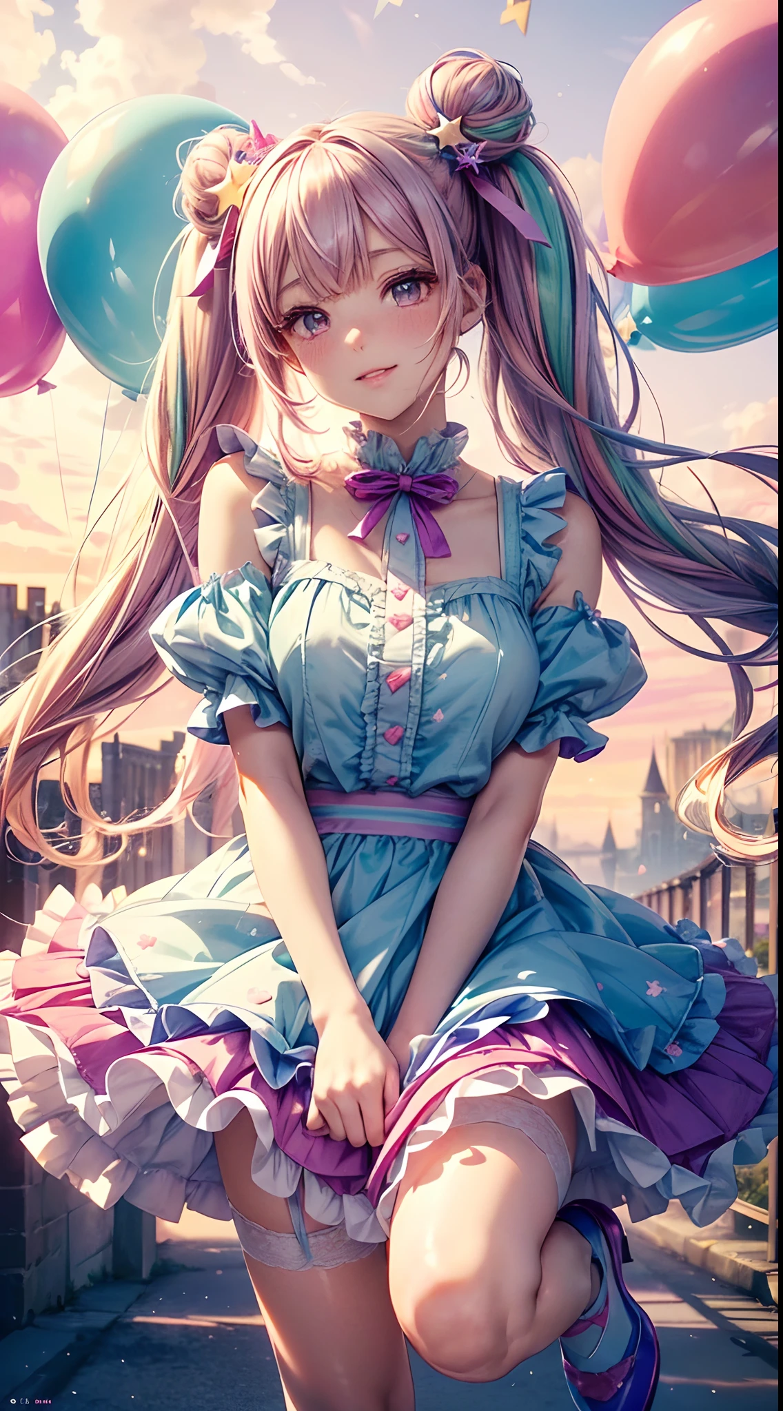 (fullbody, legs and shoes visible: 1.2)) expressive eyes, woman, pale skin, long hair, windblown hair, ((absurdly long hair)), long sidelocks, hime bangs, hair fringe, hair bun, ((very long twintails)), iridescent hair, light pink hair, blushing, full face blushing, big sparkling pastel purple eyes, (gradient eyes), open mouth smile, cute pose, ((holding balloons : 1.3)) 
((cute and pastel fashion)) ((🌞🥳😃🌹🌷🌳 theme : 1.4)) flowy pastel dress, ((dreamy multicolored open dress)), (floating ribbons), lavender ruffles, pink frills, (light blue lace), detached short sleeves, puffy skirt, ((rainbows and stars print skirt : 1.3)), lolita skirt, purple bows, ((pompon ribbons hair ornament : 1.4)), multiple bows, striped lace stockings, (heart shaped leg garter), cute (pastel purple) shoes ((hyperdetailed clothing and fashion)) looking at you, vintage girl, blushing, (beautiful detailed eyes), (extremely detailed CG unity 8k wallpaper) (best shadow), ((an extremely delicate and beautiful)), (detailed light), ((depth of field)) big head, big sparkling eyes, moe, splash art, cinematic lighting, frontal view, volumetric lighting maximalist photo illustration 64k resolution high res intricately detailed complex key visual precise linear 
((in the dreamy pastel sky background, surrounded by sunset clouds, shooting stars, castles in the clouds)) ((hyperdetailed scenery, foggy clouds, suspended by balloons, hearts : 1.3))