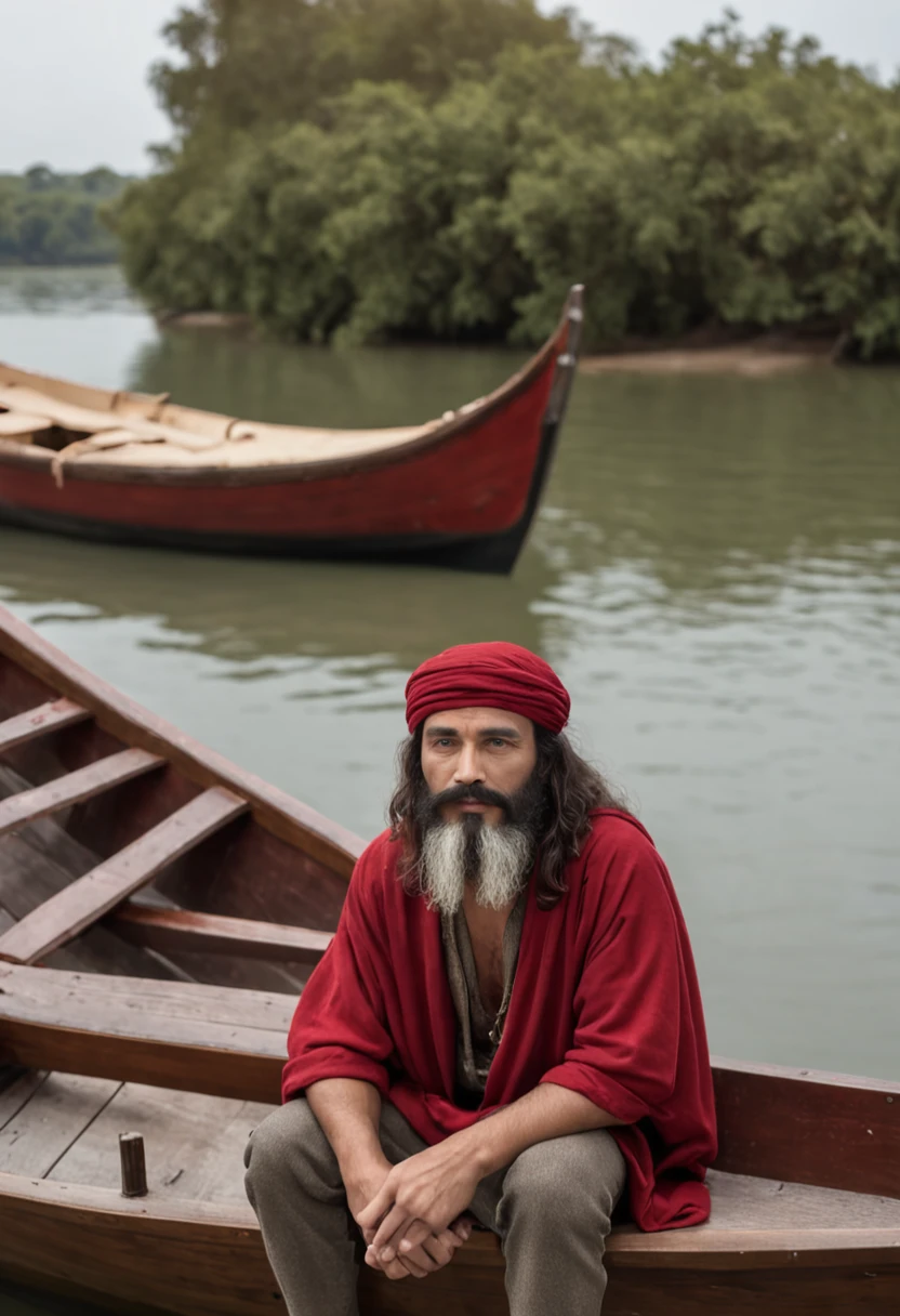 Jesus, sentado dentro de um barco de frente com as suas vestimentas , The boat has a roof and he has a sail next to him the boat is in a river the bench he is sitting on is very humble, wise, long hair, black beard and mustache with a red robe over the top, up to the feet; , he's in sandals, the boat is large with an awning on top, esta nublado, escurecendo ele esta com uma vela acessa ao lado. O barco esta num rio.