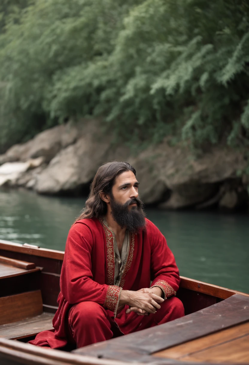 Jesus, sentado dentro de um barco de frente com as suas vestimentas , The boat has a roof and he has a sail next to him the boat is in a river the bench he is sitting on is very humble, wise, long hair, black beard and mustache with a red robe over the top, up to the feet; , he's in sandals, the boat is large with an awning on top, esta nublado, escurecendo ele esta com uma vela acessa ao lado. O barco esta num rio.