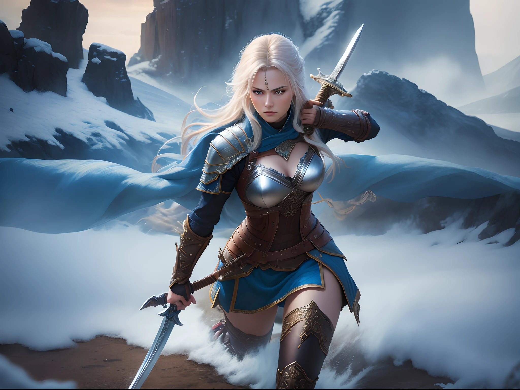 norse warrior woman wielding sword, portrait photo, photorealistic, tilt-shift, cool color, portrait, in romantic mood, --ar 10:16 --no bad anatomy, deformity