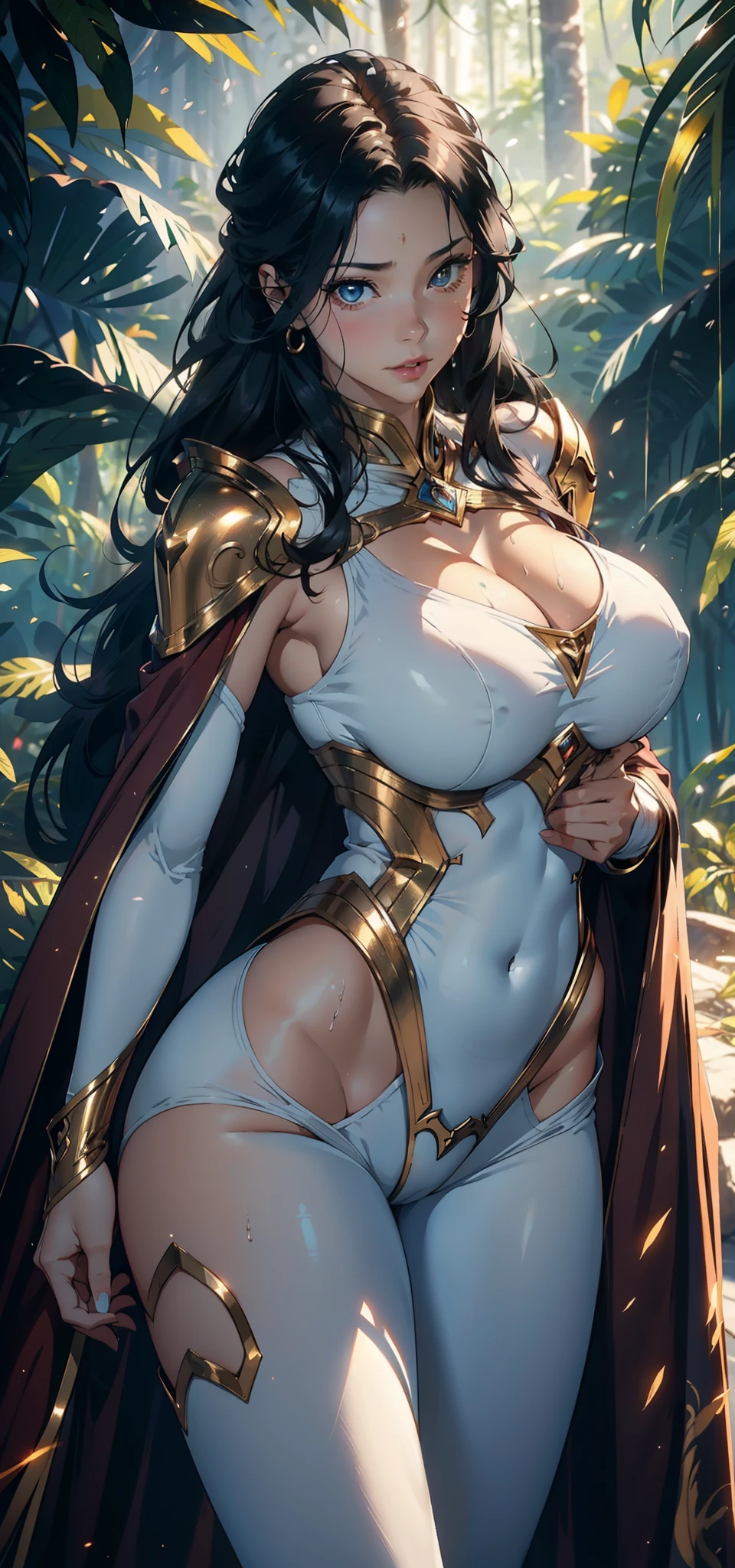 1female,35yo,Slim,熟妇,gigantic cleavage breasts,Big breasts Thin waist,slenderlegs,Pornographic exposure, 独奏,(Background with:ln the forest,the rainforest,in summer) She has long black hair,standing on your feet,Sweat profusely,drenched all over the body,seen from the front, hair straight, mostly cloudy sky,(((tmasterpiece),(Very detailed CG unity 8K wallpaper),best qualtiy,cinmatic lighting,detailed back ground,beatiful detailed eyes,Bright pupils,(Very fine and beautiful),(Beautiful and detailed eye description),ultra - detailed,tmasterpiece,)),facing at camera,A high resolution,ultra - detailed),revealing breasts,Bare genitalia, Bulge,legs are open,Raised sexy,Camel toes,Flushed complexion,Open-mouthed,frontage,Gold Saint Seiya(Wearing:A white jumpsuit,Superman uniform,,Cloak)