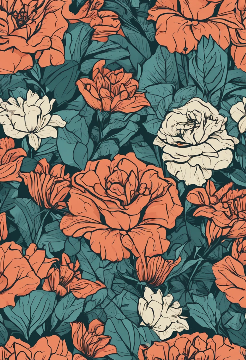 fondo de pantalla con muchas flores turquesas y crema en estilo comic con hojas alrededor