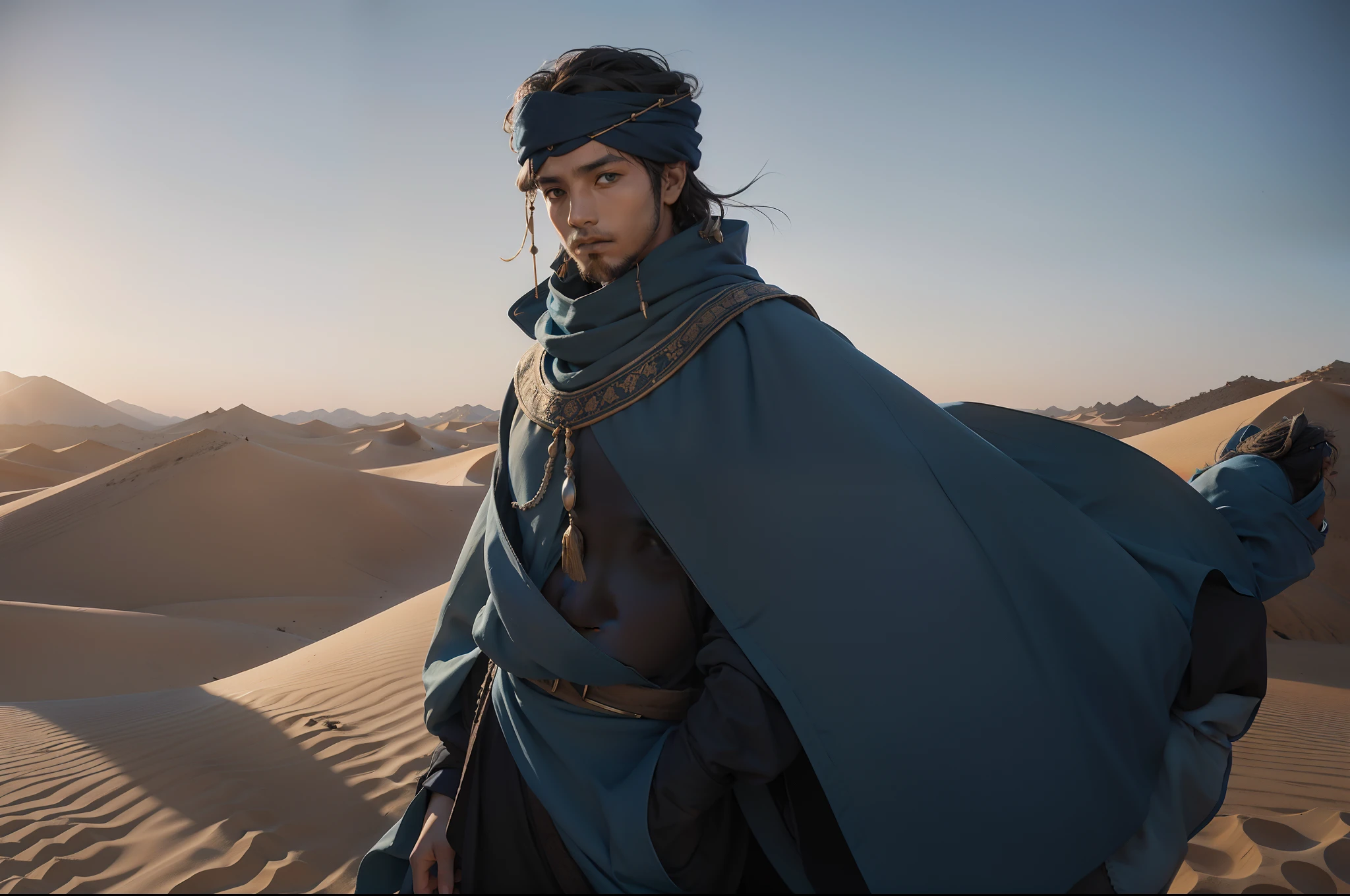 A young berber man, wearing a dark blue cloth on his head, lose tunic, only the eyes visible. Camel. Desert as background, dunes, illuminated by natural sunset light.