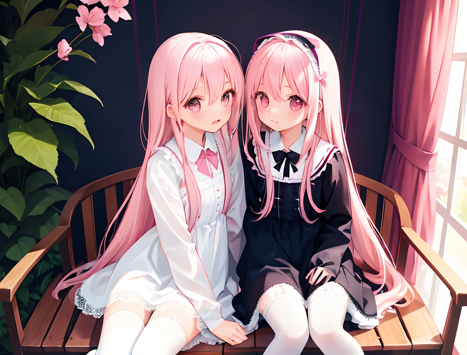 2girls,Girl1:,adolable,A pink-haired,long whitr hair,girl 2:A pink-haired,long whitr hair,Lace lingerie panties,Sit with your legs on your feet,face to face,white stockings