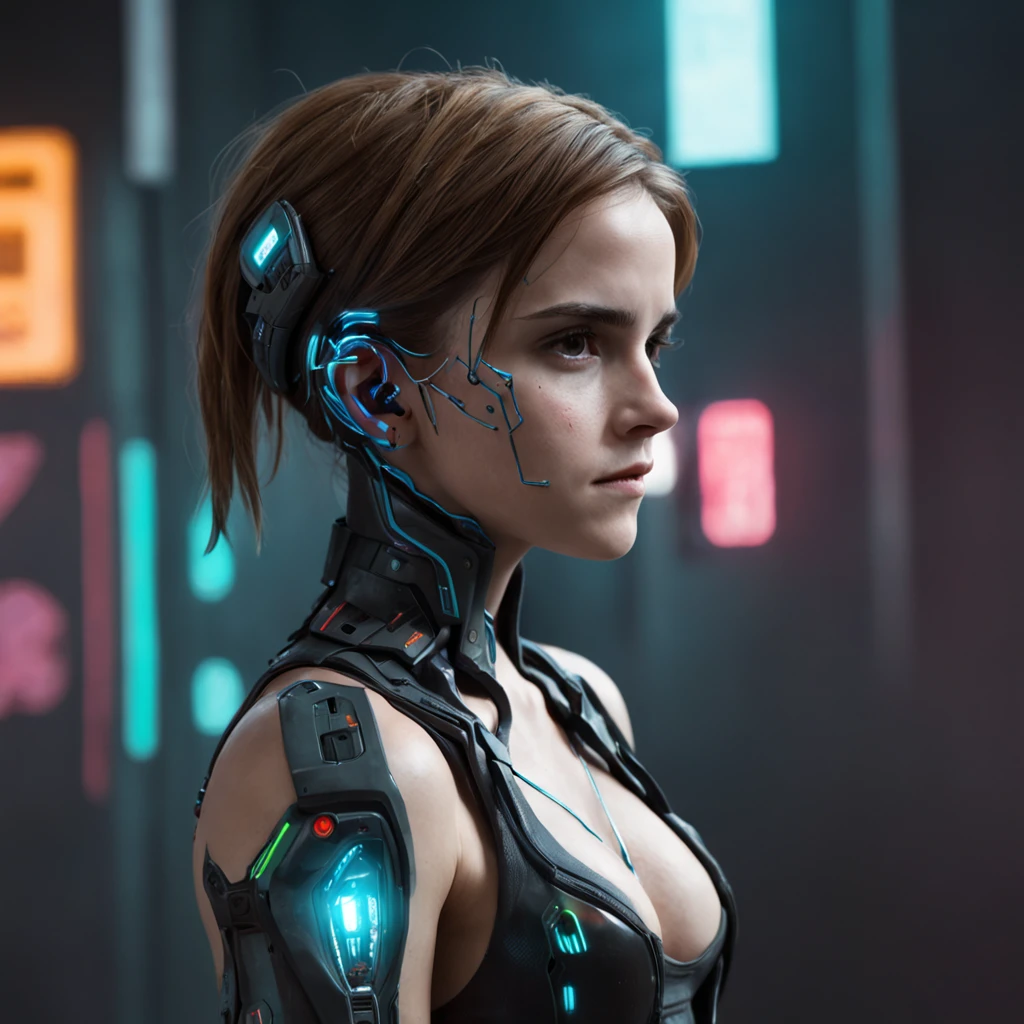 Emma Watson as a woman with a robotic piece, ::style futurista cyberpunk, Estilo realista, ::n_style pintura digital, Shape parts. rosto deformado