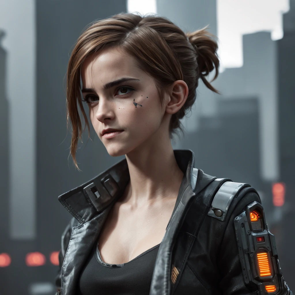 Emma Watson as a woman with a robotic piece, ::style futurista cyberpunk, Estilo realista, ::n_style pintura digital, Shape parts. rosto deformado