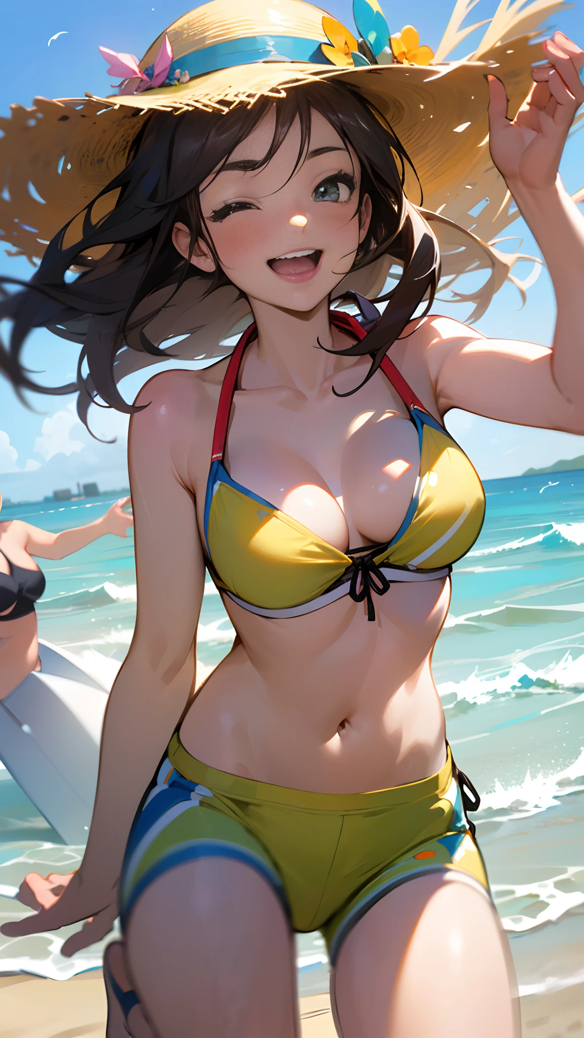 two beautiful girls, best friends, happy, (( enjoying summer vacation)), playful girls, (((((running joyfully on the beach))))), (wearing summer clothes), hats on heads, (((summer vibe))), best quality, HDR , UHD, close up shot, masterpiece, --auto --s2
