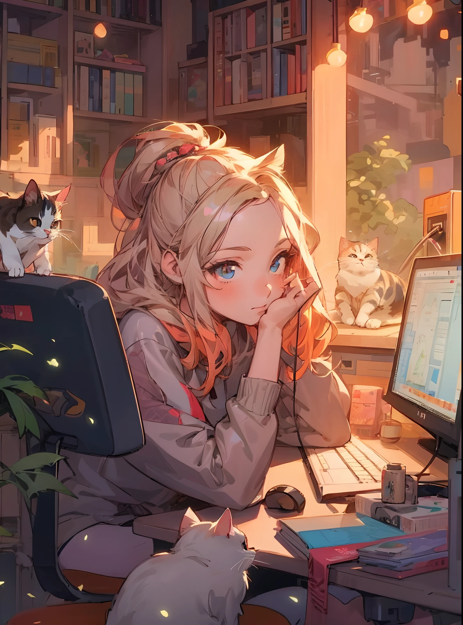 anime girl sitting at a desk with a computer and a cat, digital anime illustration, anime style 4 k, lofi artstyle, anime style illustration, lofi portrait, detailed digital anime art, anime vibes, lofi girl, digital anime art, cute detailed digital art, artwork in the style of guweiz, anime style. 8k