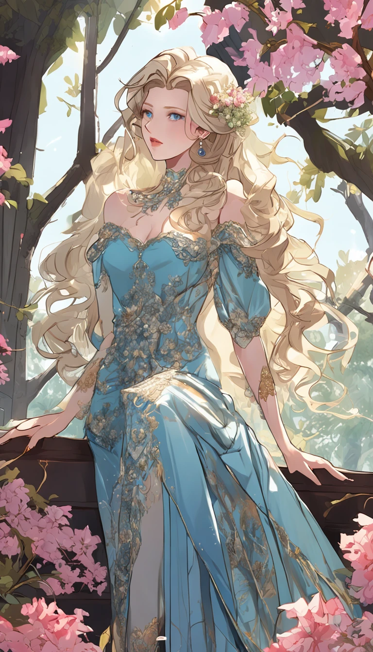 best quality, highly detailed, ultra-detailed, illustration, masterpiece,extremely detailed eyes and face, incredibly_absurd resolution, (blonde hair) , 1girl, wearing a blue meticulously crafted and luxurious gown showcasing intricate details, exquisite tailoring, and opulent fabrics, slim waist, light smile, whole body, facing towards the viewers, dynamic pose, green trees background