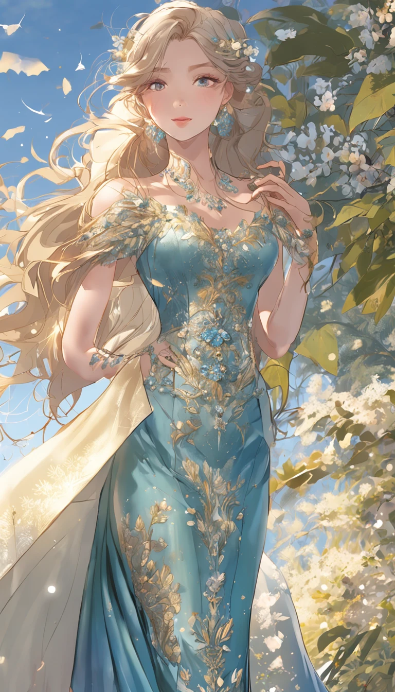 best quality, highly detailed, ultra-detailed, illustration, masterpiece,extremely detailed eyes and face, incredibly_absurd resolution, (blonde hair) , 1girl, wearing a blue meticulously crafted and luxurious gown showcasing intricate details, exquisite tailoring, and opulent fabrics, slim waist, light smile, whole body, facing towards the viewers, dynamic pose, green trees background