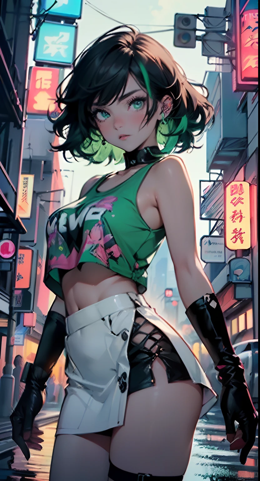 girl youtuber,(((1girl))),((extremely cute and beautiful green curly-haired anime girl walking down the street)),
(short breasts:1.4),(((green curly hair:1.35,very curly hair,colored inner hair,ear breathing,short hair))),((green eyes:1.3,upturned eyes:1.3,perfect eyes,beautiful detailed eyes,rainbow glows ultra-detailed yellow green eyes:1.1,gradient eyes:1,finely detailed beautiful eyes:1,symmetrical eyes:1,big highlight on eyes:1.2)),((fat)),(((lustrous skin:1.5,bright skin: 1.5,skin tanned,shiny skin,very shiny skin,shiny body,plastic glitter skin,exaggerated shiny skin))),delicate detailed fingers,detailed body,detailed arms,human hands,(detailed face)),
cute,slutty,seductive,erotic,(((nsfw))),
zettai ryouiki,revealing clothing,show skin,((rave mini-skirt,visible thong straps,white loose tank top with an anime girl print)),(detailed outfit,detailed clothes),
(dynamic pose:1.0),solo focus,embarrassed,centered,scale to fit dimensions,Rule of thirds,
outdoors,((night view)),(very pretty city neon synthwave,cyberpunk night street Background:1.5,dark sky,thick clouds),future vehicles,((neon lights)),thick clouds,(cyberpunk style,neon lights, (synthwave theme background), lonely street),(((detailed background:1.25))),
(best quality),(high resolution),(sharp focus),(ultra detailed),(extremely detailed),(extremely high quality artwork),8k_wallpaper,(extremely detailed CG 8k),(very fine 8K CG),((hyper super ultra detailed perfect piece)),flawless,(((masterpiece))),illustration,vibrant colors,(intricate),High contrast,Selective lighting,Double exposure,HDR (High Dynamic Range),Post-processing,Background blur,