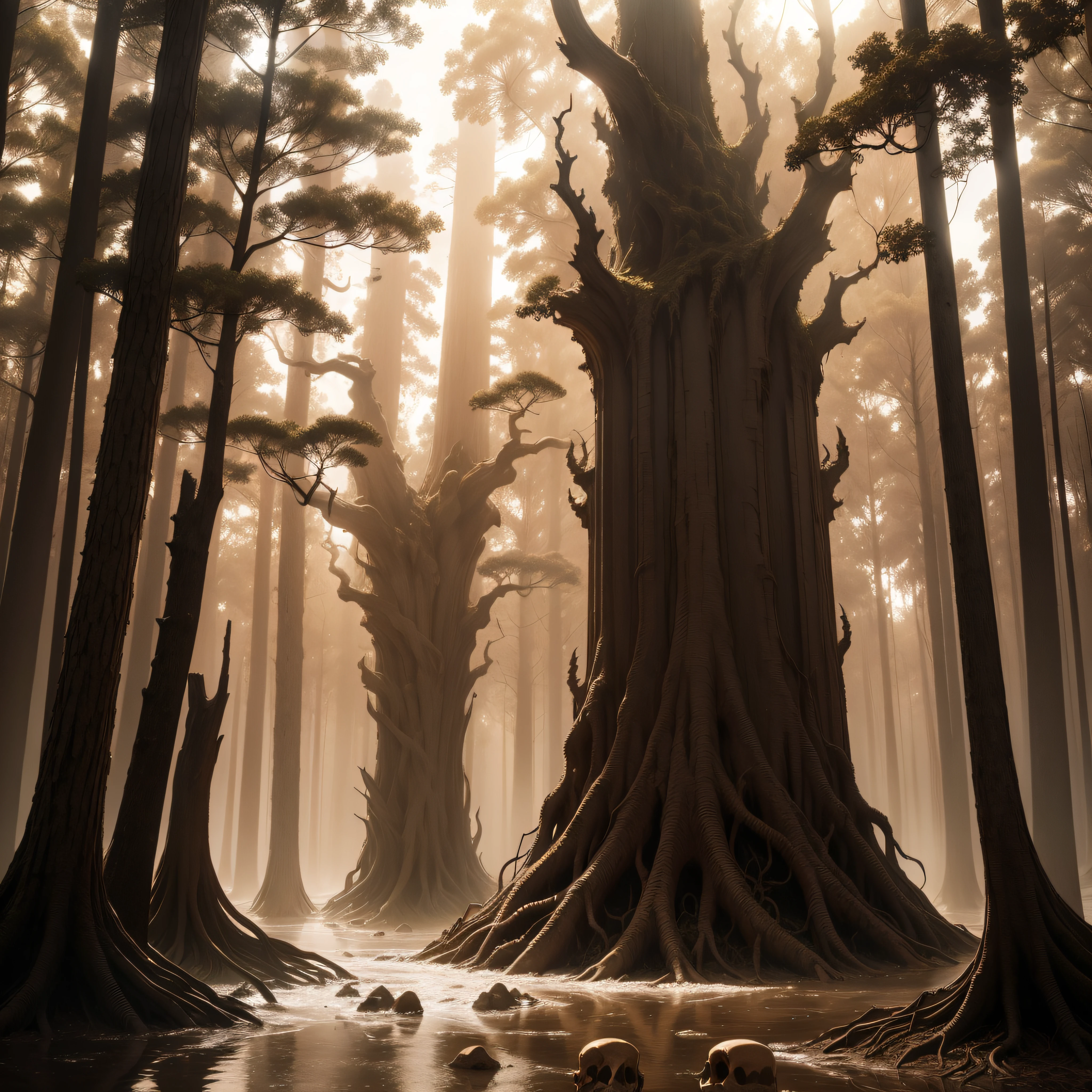 (extremadamente detallado, obra maestra, La mejor calidad, Tono sepia) bosque enorme, Skulls come out of tree trunks, Flooding, ruinas. Daytime Lighting.