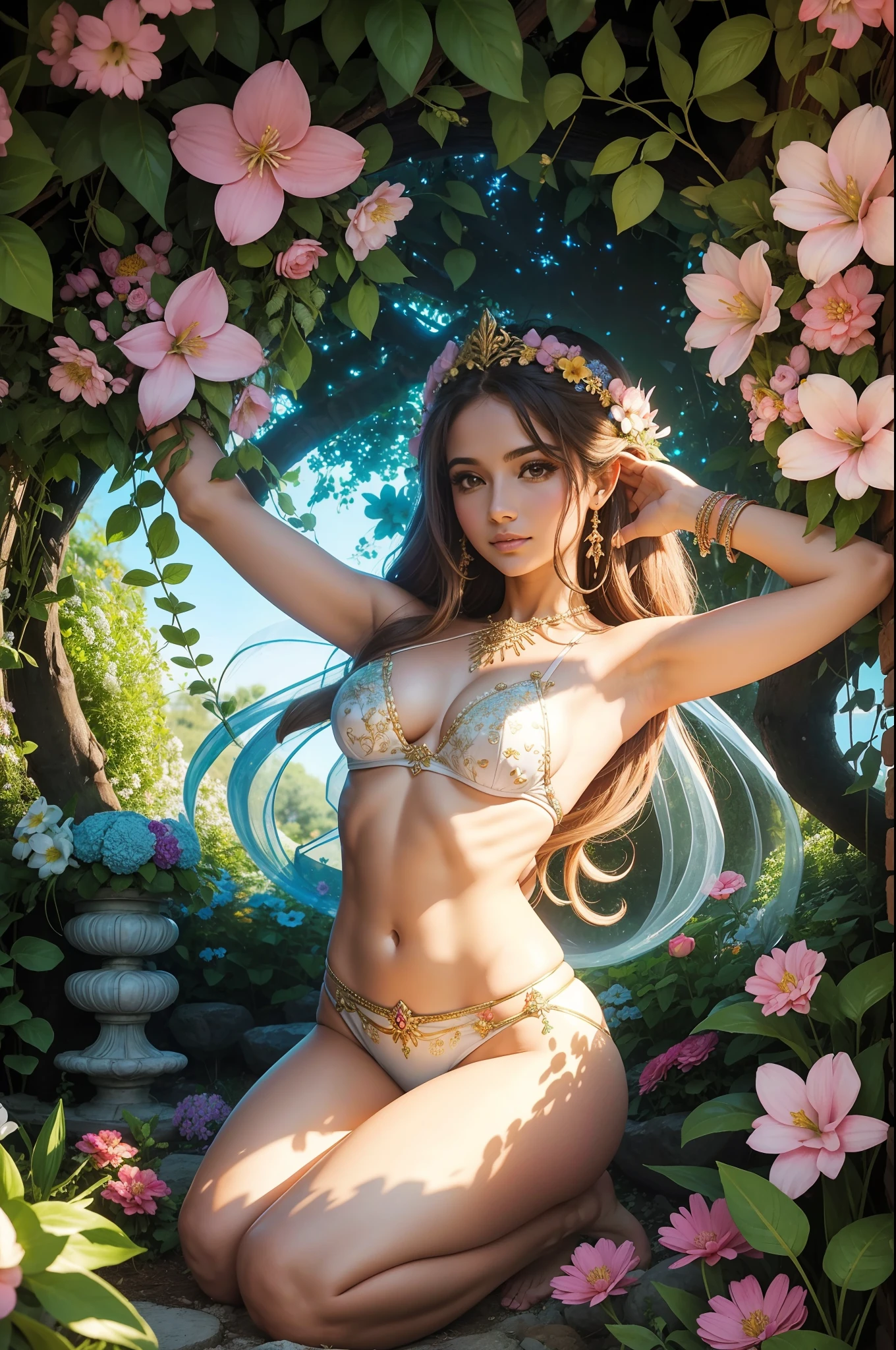 A goddess of love in her small garden, She is surrounded by beautiful flowers, Little angels and fairies accompany her. Su mirada revisa la dulzura, Se viste de forma luminosa y vaporosa. Su cuerpo es esbelto y espectacular. ((pechos grandes)) (cuerpo fitness)