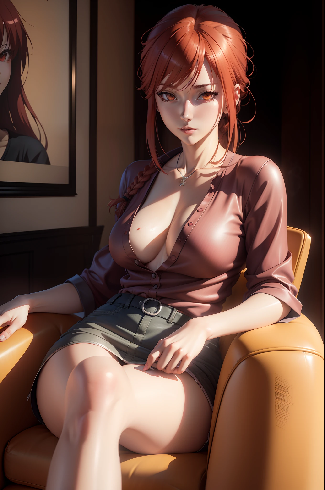 there is a woman with red hair sitting in a chair, photorealistic anime girl render, realistic anime artstyle, realistic artstyle, anime realism style, smooth anime cg art, detailed digital anime art, painted in anime painter studio, photorealistic anime, hyperrealistic schoolgirl, realistic anime 3 d style, 3 d anime realistic, hyper realistic anime, seductive anime girl