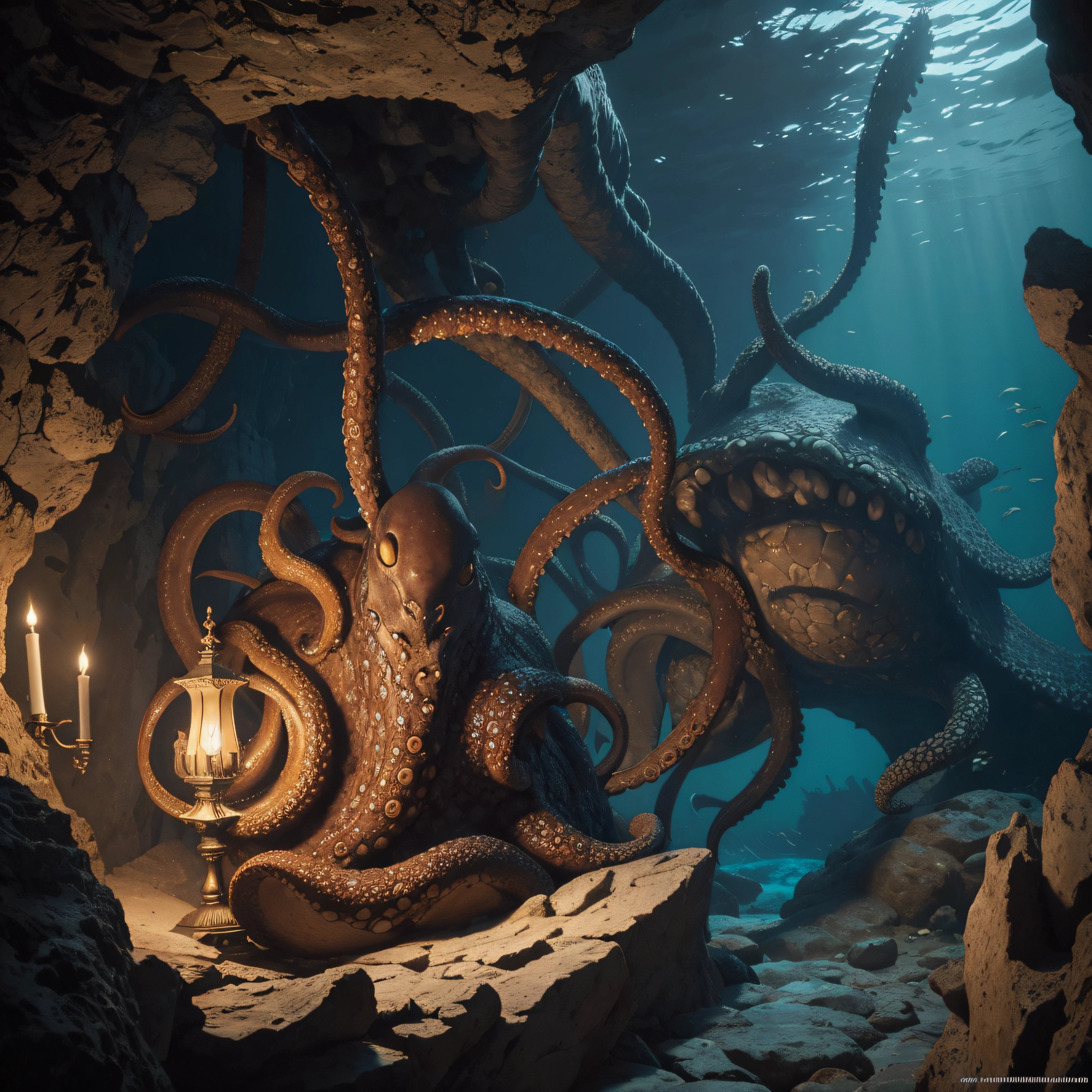 (extremadamente detallado, obra maestra, La mejor calidad, Under the Ocean), Estilo oscuro, volumetric illumination. armadura medieval, rostro con arrugas, lengua larga, tentacle, deforme, imagen submarina vista desde el exterior, pico de pulpo amenazante. manchas de tinta. Rococo composition. Luz de caravaggio