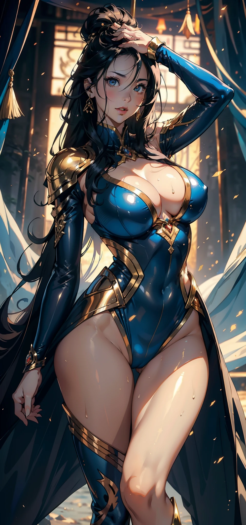 1female,35yo,Slim,熟妇,gigantic cleavage breasts,Big breasts Thin waist,slenderlegs,Pornographic exposure, 独奏,(Background with:ln the forest,the rainforest,in summer) She has long black hair,standing on your feet,Sweat profusely,drenched all over the body,seen from the front, hair straight, mostly cloudy sky,(((tmasterpiece),(Very detailed CG unity 8K wallpaper),best qualtiy,cinmatic lighting,detailed back ground,beatiful detailed eyes,Bright pupils,(Very fine and beautiful),(Beautiful and detailed eye description),ultra - detailed,tmasterpiece,)),facing at camera,A high resolution,ultra - detailed),revealing breasts,Bare genitalia, Bulge,legs are open,Raised sexy,Camel toes,Flushed complexion,Open-mouthed,frontage,Gold Saint Seiya(Wearing:blue jumpsuit,Superman uniform,,Cloak)