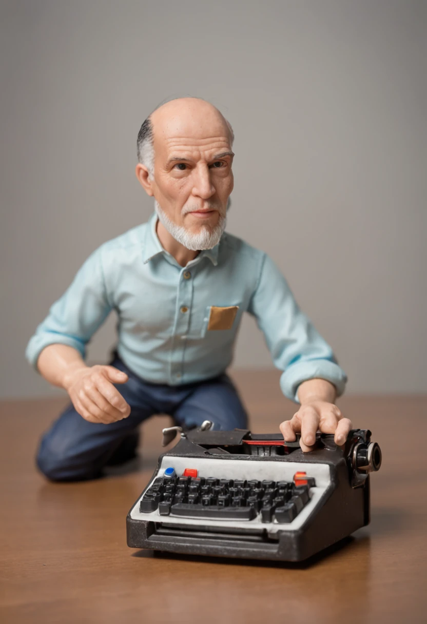 ((tiny man)) wearing short shirt, long pants and sneakers, ((trabalhando em uma mesa com computador)) (((over a giant matchbox)))