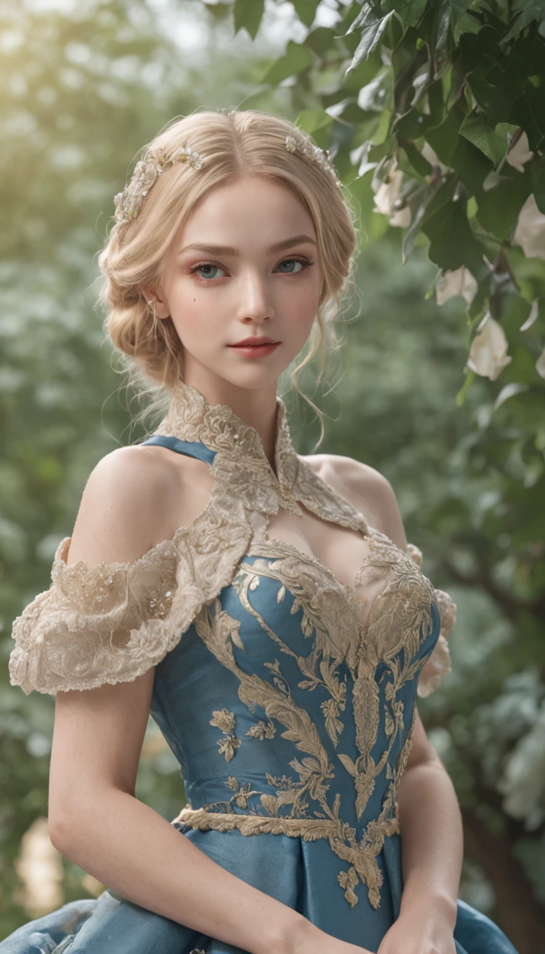 best quality, highly detailed, ultra-detailed, illustration, masterpiece,extremely detailed eyes and face, incredibly_absurd resolution, (blonde hair) , 1girl, wearing a blue meticulously crafted and luxurious gown showcasing intricate details, exquisite tailoring, and opulent fabrics, slim waist, light smile, whole body, facing towards the viewers, dynamic pose, green trees background