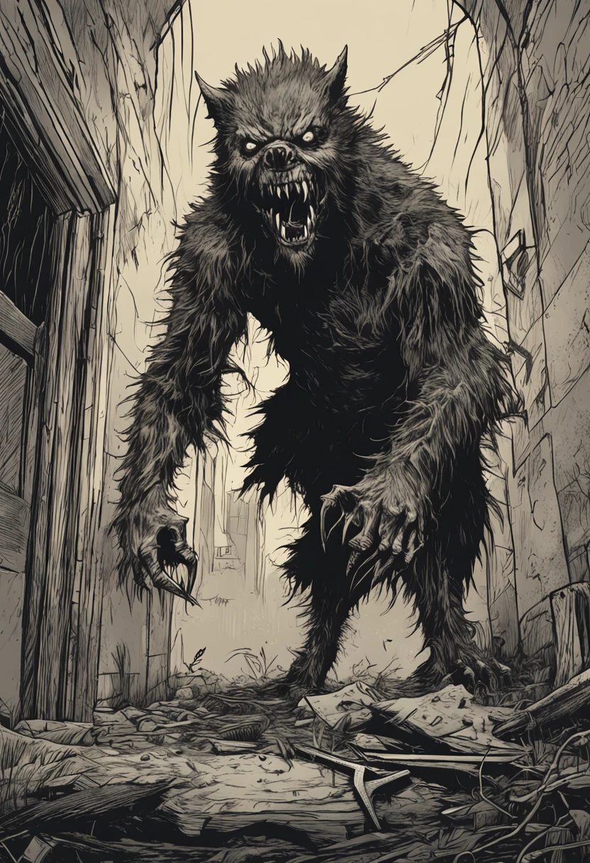 Terrifying horror artwork featuring a menacing full-bodied werewolf with razor-sharp teeth, lurking in the eerie darkness of an abandoned building.