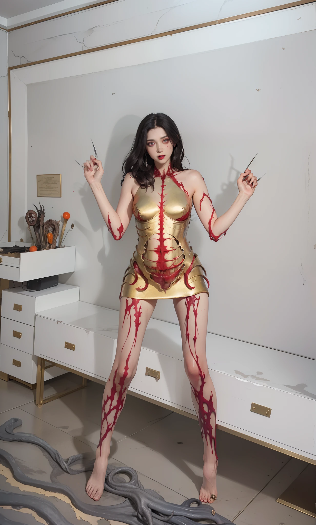 Fine matte painting, skeleton dark angel big wings haunted castle on drawing table full of knives, horror, spookiness, scary, secret horror, tentacles, vines, eyes, uncanny valley effect teeth, limbs, animals, blood moon,hight contrast,Glitter clothes