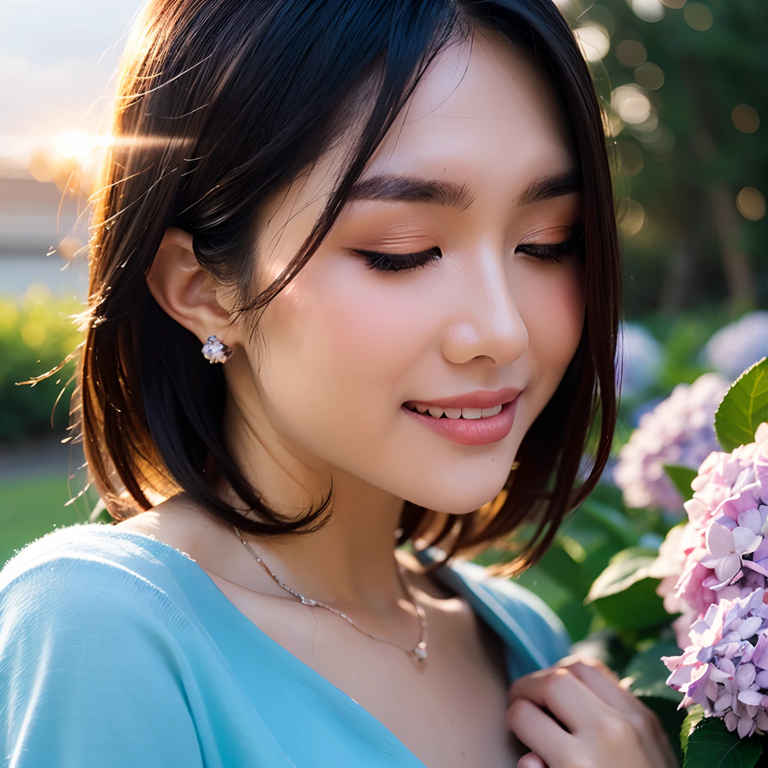 (((Upper body photo, medium shot)))), ((Single eyelid))),(Sunset backlight))),((Lens flare)),((Lens flare)),(In Chinese garden in china clothes)),((Super Soft Focus))))), smiling, (Profile)))))), (Eyes closed)))), twilight, showeringSurrounded by colorful hydrangeas, hydrangeas in the background, ((soft sunset)), (yinchuan:1.5), masterpiece, best quality, raw photo, photorealistic, face, beautiful girl, cute, short hair, (((depth of field)))), high resolution, ultra detail, fine detail, very detailed, cinematic lighting