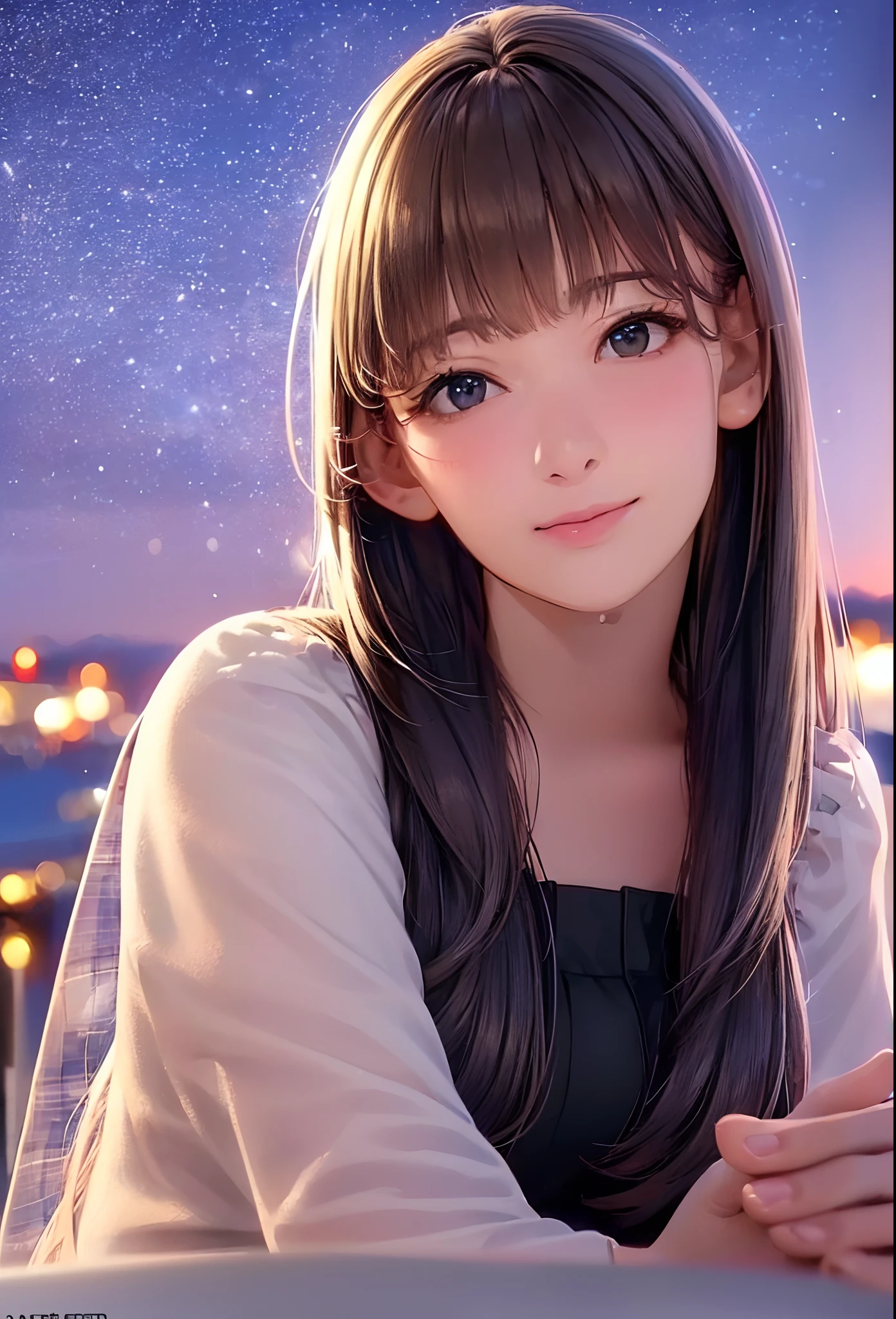 (8K, Best Quality, masutepiece:1.2), (Realistic, Photorealsitic:1.37), Ultra-detailed, 1 girl,Cute, Solo,Midnight,Beautiful detailed sky,Detailed Cafe,Sitting,Dating,(nose blush),(Smile:1.15),(Closed mouth) Small breasts,Beautiful detailed eyes,Floating Hair NovaFrogStyle,Pink dress