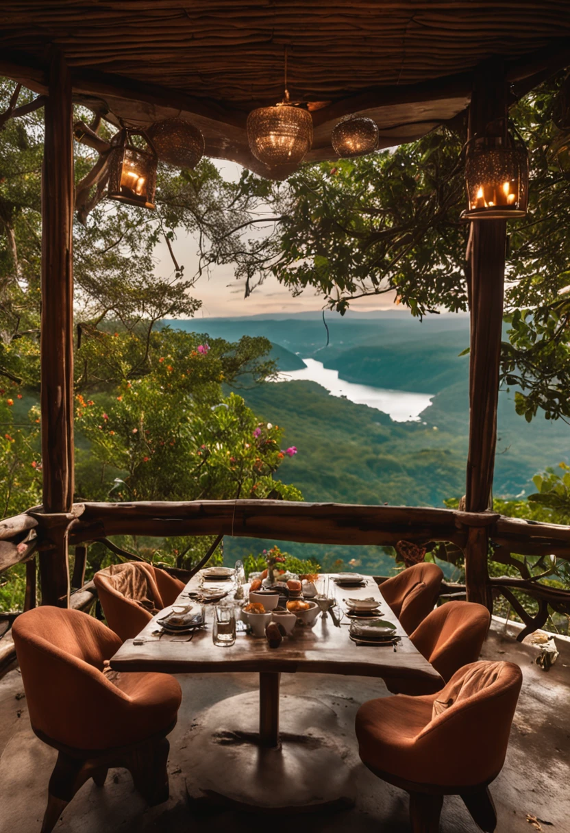 A rustic table, a sofa with soft, cozy armchairs and cushions, up the table are loaves, bebidas e biscoitos, no alto de um mirante em uma montanha, The view is to a waterfall of crystal clear waters, sob o por do sol