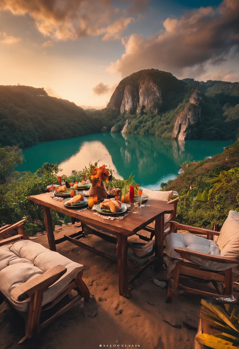 A rustic table, a sofa with soft, cozy armchairs and cushions, up the table are loaves, bebidas e biscoitos, no alto de um mirante em uma montanha,  The view is to a waterfall of crystal clear waters, sob o por do sol