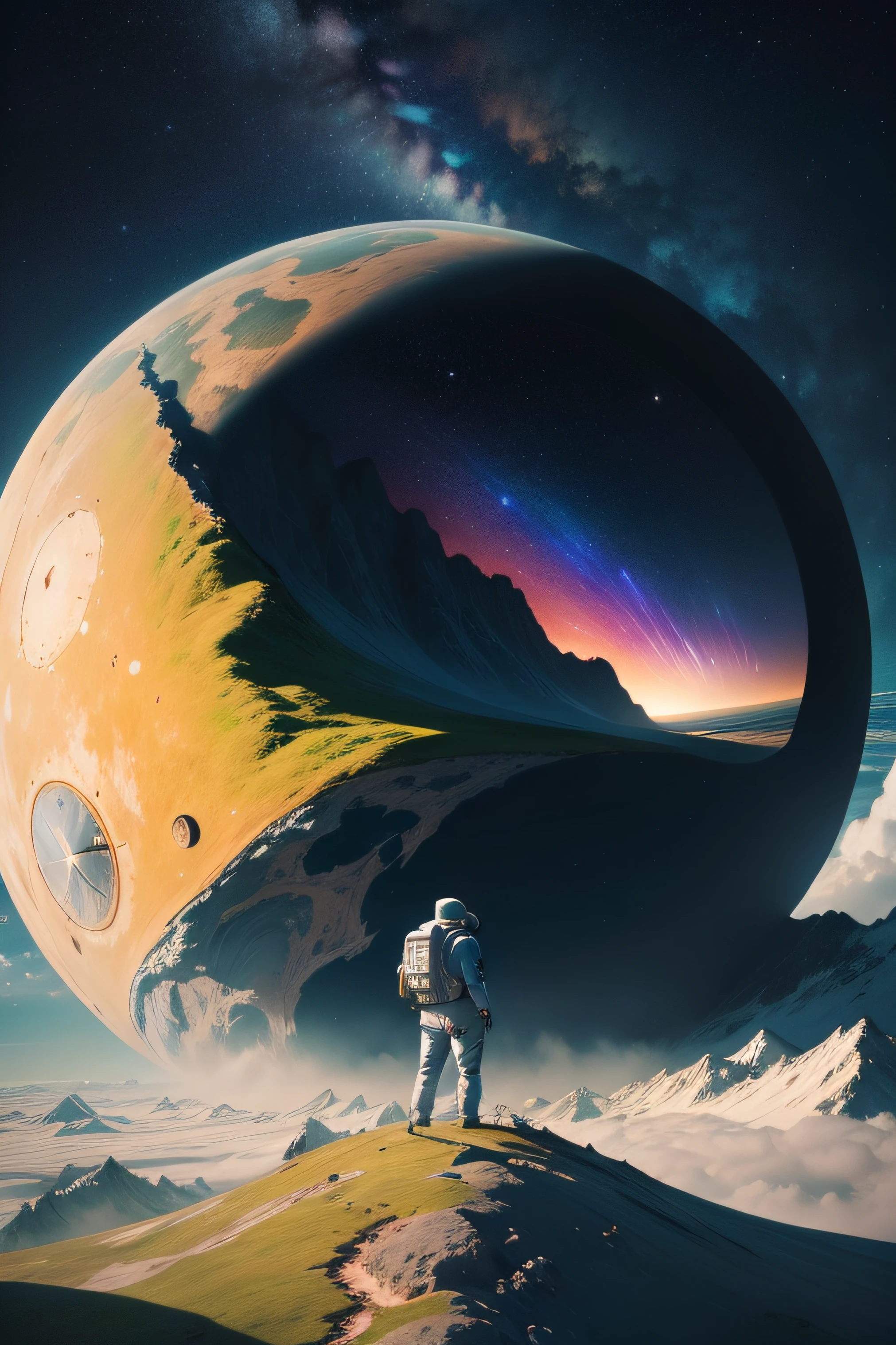 Crie uma pintura realista de um astronauta no topo de uma colina que se assemelha a lua. Ao fundo, A giant clock floating in the sky, contando horas com um ponteiro de estrela, representando um mundo com aurora boreal.