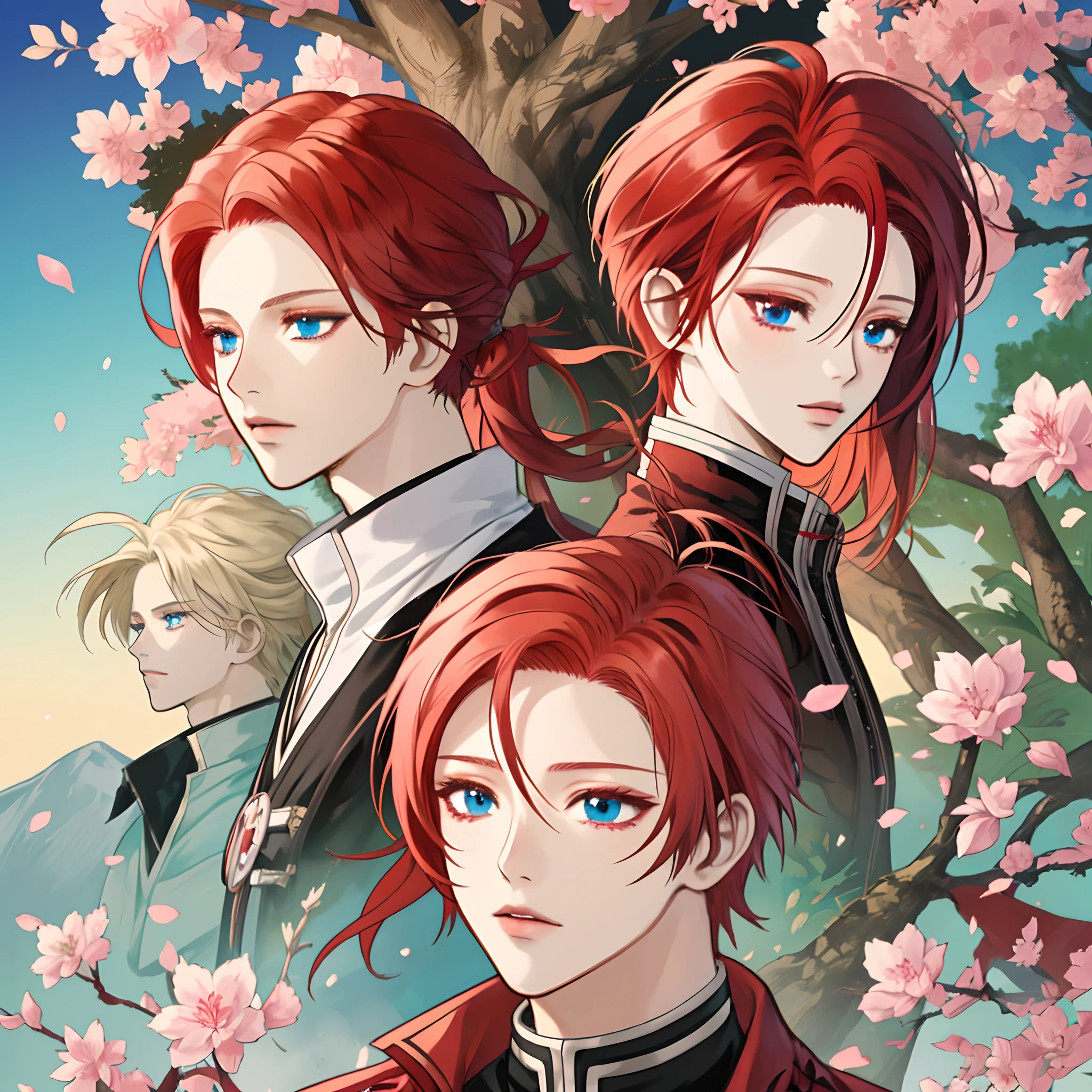 anime girl with red hair and blue eyes standing in front of a tree, an anime drawing inspired by Maki Haku, tumblr, shin hanga, sakura haruno, crimson red hair and red eyes, anime style”, haruno sakura, erza scarlet as a real person, she has red hair, sakura haruno in slug sage mode, itatchi uchiha