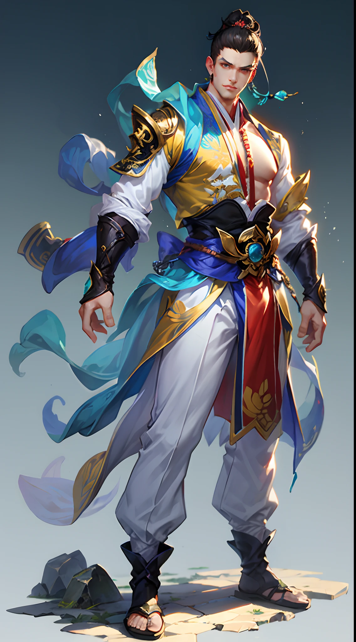 Game character, East Asian original art character design, 1boy, Solo, Gray-haired, full body, esbian, hair adornments, short hair, Gradient, Gradient background, jewelry, Bare shoulders, , Chinese clothing, [:(Gradient background:1.5):40], large muscle, Brawny, Lift the boulder