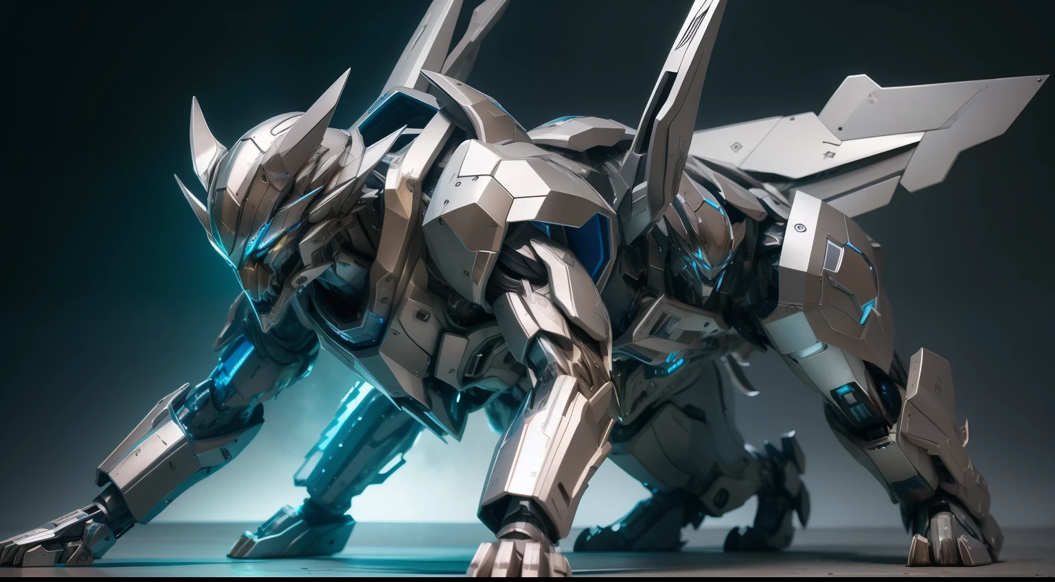 Silver-blue mecha wolf sculpture，Mechanical skin，Crawling attack stance，Silver mechanical articulated wing detailing，Explosive effect，Load weapon knives，Highest quality wallpapers，