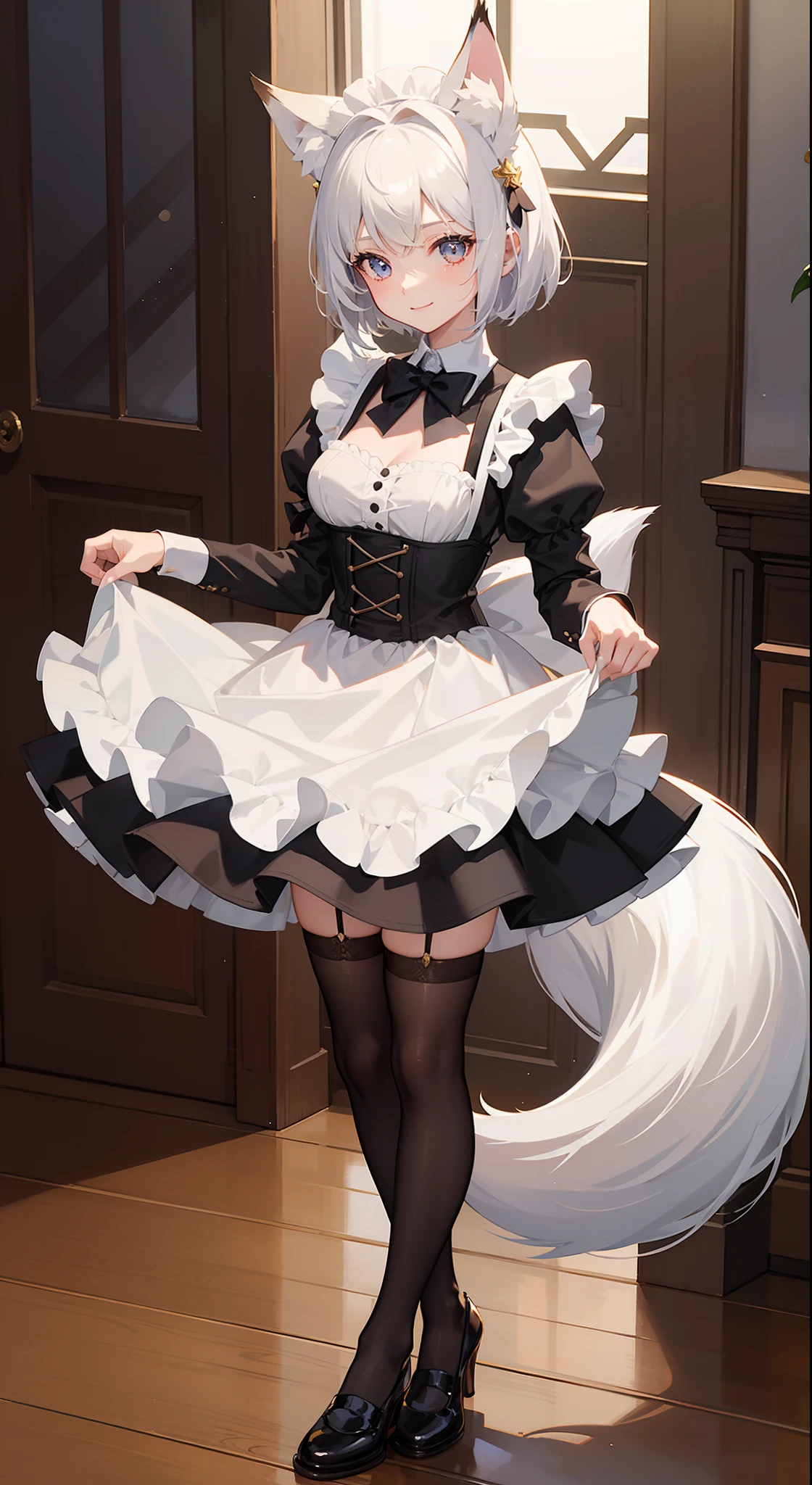 1 girl, moon light, Detailed, Fox ears, Foxtail, white colored hair, dark eyes, Maid costume, Short hair, Maid skirt, Maid blouse, stockings for the maid, Maid shoes, Smile, standing on the floor, in a house, femenine body, short tail, Beautiful eyes
