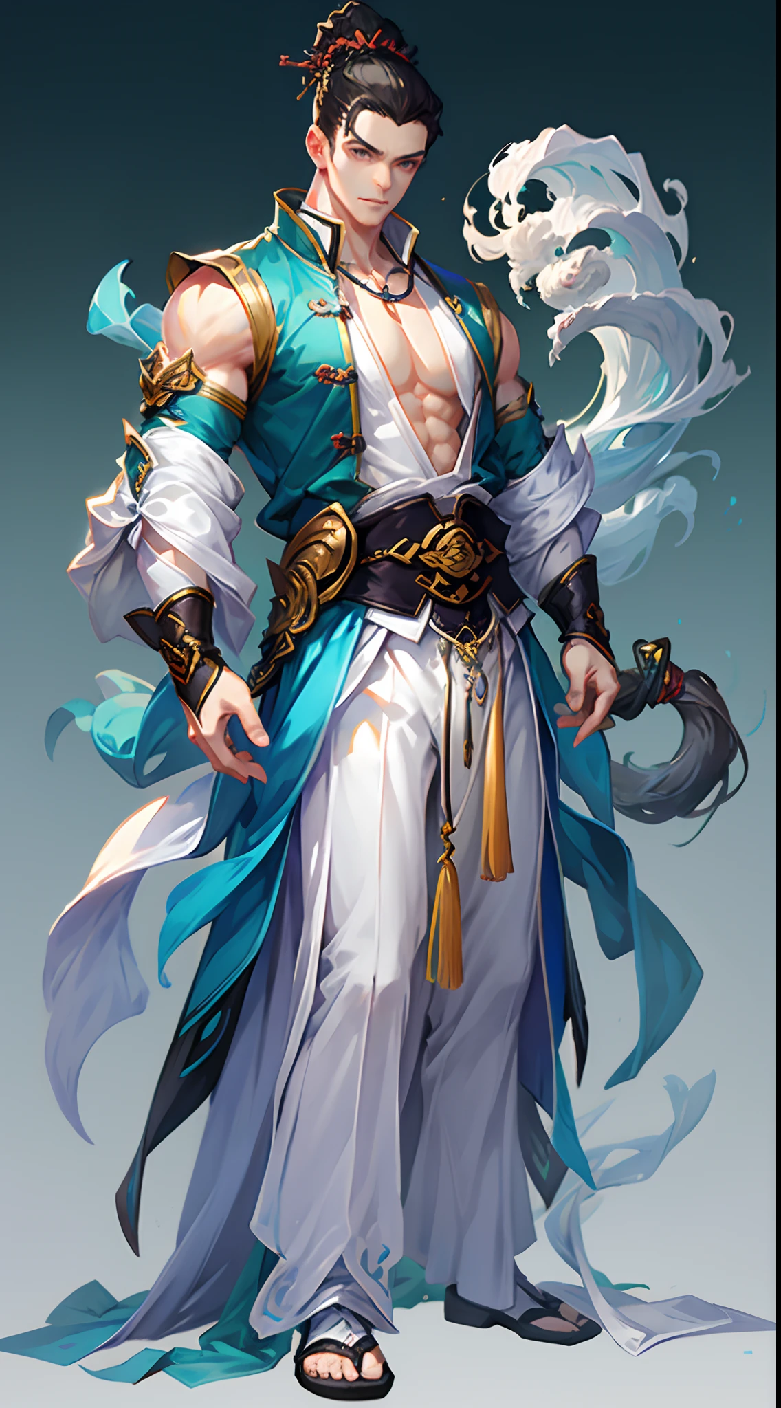 Game character, East Asian original art character design, 1boy, Solo, Gray-haired, full body, esbian, hair adornments, short hair, Gradient, Gradient background, jewelry, Bare shoulders, , Chinese clothing, [:(Gradient background:1.5):40], large muscle, Brawny, Lift the boulder