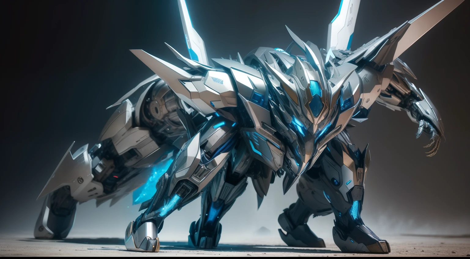 Silver-blue mecha wolf sculpture,Mechanical skin,Crawling attack stance,Silver mechanical articulated wing detailing,Explosive effect,Load weapon knives,Highest quality wallpapers,