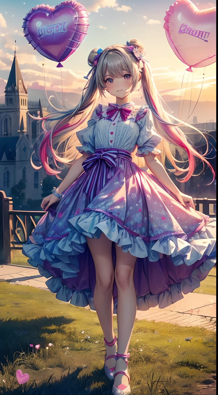 (fullbody, legs and shoes visible: 1.2)) expressive eyes, woman, pale skin, long hair, windblown hair, ((absurdly long hair)), 18 years old, long sidelocks, hime bangs, hair fringe, hair bun, ((very long twintails)), iridescent hair, light pink hair, blushing, full face blushing, big sparkling pastel purple eyes, (gradient eyes), open mouth smile, cute pose, ((holding balloons : 1.3)) 
((cute and pastel fashion)) ((🌞🥳😃🌹🌷🌳 theme : 1.4)) flowy pastel dress, ((dreamy multicolored open dress)), (floating ribbons), lavender ruffles, pink frills, (light blue lace), detached short sleeves, puffy skirt, ((rainbows and stars print skirt : 1.3)), lolita skirt, purple bows, ((pompon ribbons hair ornament : 1.4)), multiple bows, striped lace stockings, (heart shaped leg garter), cute (pastel purple) shoes ((hyperdetailed clothing and fashion)) looking at you, vintage girl, blushing, (beautiful detailed eyes), (extremely detailed CG unity 8k wallpaper) (best shadow), ((an extremely delicate and beautiful)), (detailed light), ((depth of field)) big head, big sparkling eyes, moe, splash art, cinematic lighting, frontal view, volumetric lighting maximalist photo illustration 64k resolution high res intricately detailed complex key visual precise linear 
((in the dreamy pastel sky background, surrounded by sunset clouds, shooting stars, castles in the clouds)) ((hyperdetailed scenery, foggy clouds, suspended by balloons, hearts : 1.3))