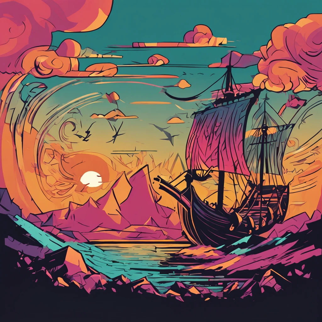 um design de silhueta de um Viking, sunset design, arte da camiseta, arte vetorial 3D, bonito e peculiar, colorido ousado brilhante., fundo preto, efeito aquarela, , pintura digital, low-poly, soft-lighting, Panning, isometric style, retro aesthetic, focado no personagem, 4K分辨率, photorealistic render, usando Cinema 4D, lado frontal