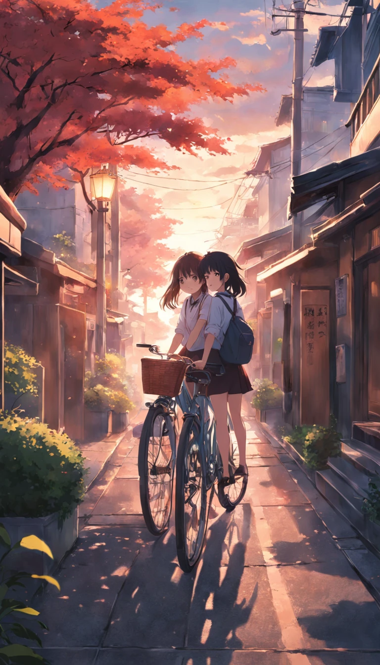 (lovemaking、1girl in、Mutual love、夏天:1.3),​masterpiece、top-quality、Movie stills、Japanese high school  girl、Way back、bicycle、发光、Happiness、Warm and soft lighting、the setting sun、(Spark:0.7)