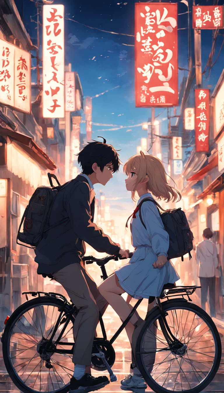 (lovemaking、1girl in、Mutual love、夏天:1.3),masterpiece、top-quality、Movie stills、Japanese high school girl、Way back、bicycle、发光、Happiness、Warm and soft lighting、the setting sun、(Spark:0.7)