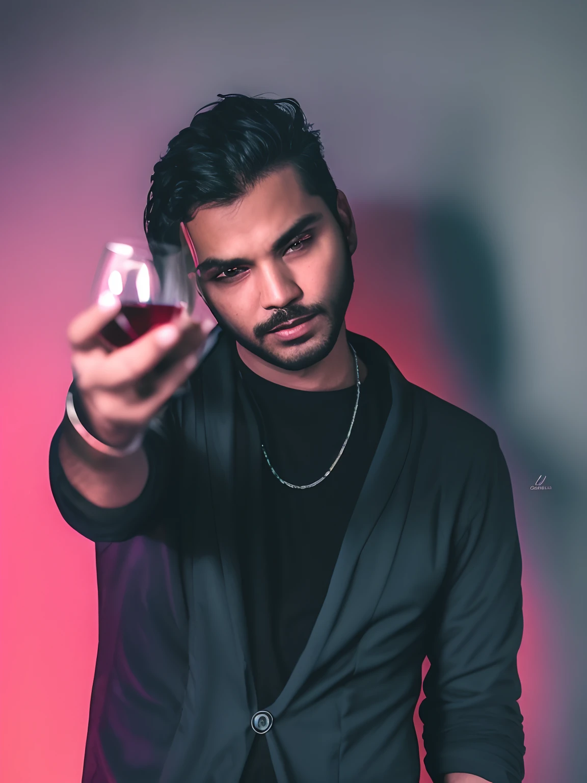 arafed man holding a glass of wine in front of a red background, portrait shot 8 k, portrait of an alcoholic, epic and classy portrait, shot on sony a 7, holding a drink, shot on canon eos r 5, shot on canon eos r5, high quality portrait, shot on nikon z9, shot at dark with studio lightsA lucifer men photorealistic, realface , ultra4k realistic,fujifilm8k