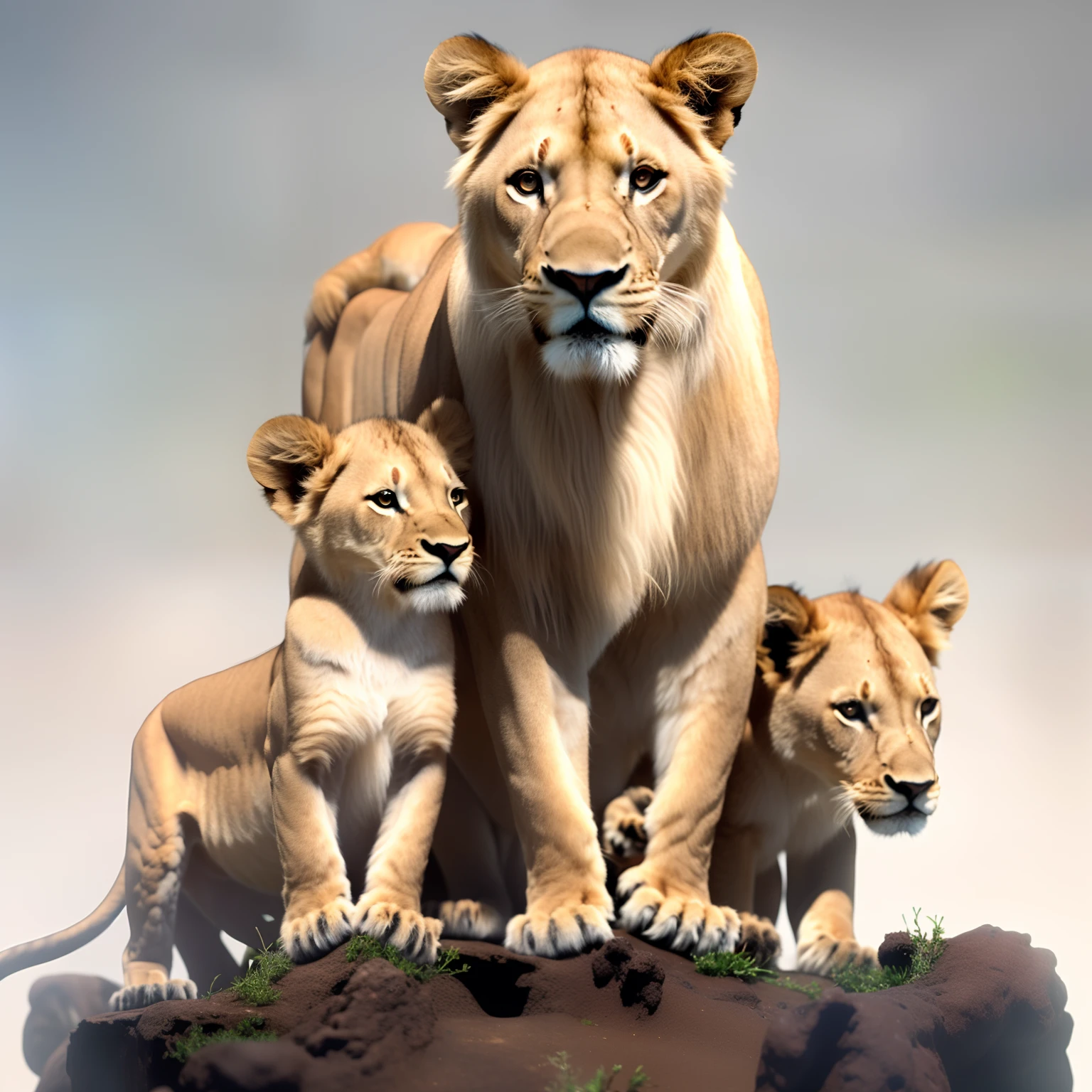 Loving Mother Lioness with two little lion cubs, sitting on a white background, lions, a family portrait, lioness, ultrarealistic illustration, Lisa Parker, realistic illustration, proud look, digitalpainting, ultrarealistic illustration, Extremely realistic, pride, Majesty, digital art animal photo, highly realistic photo, family photo, lava, digital painting highly detailed, Regal pose, Brothers