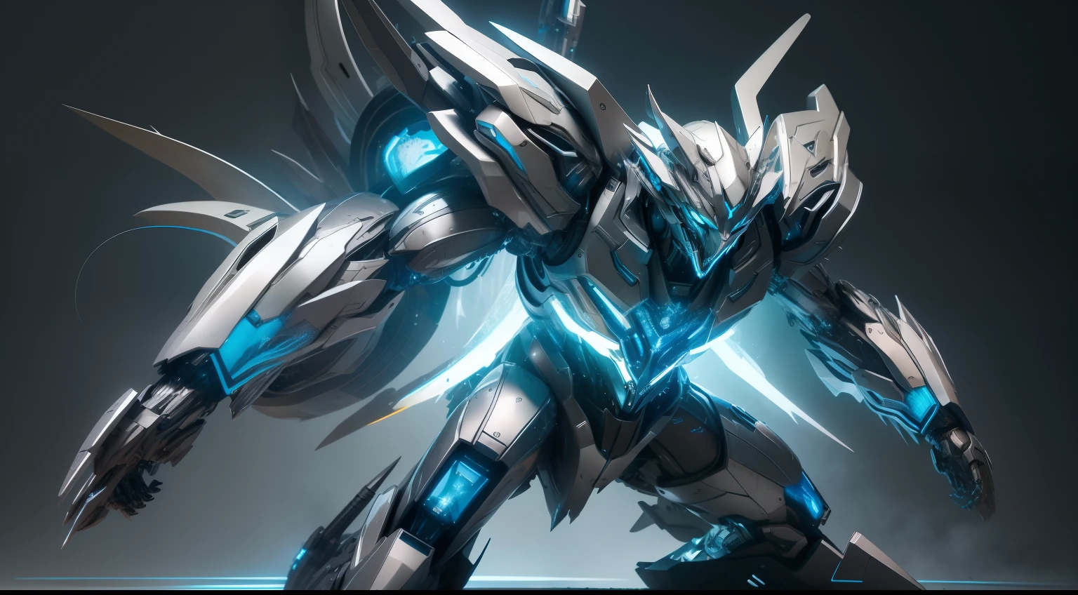 Silver-blue mecha wolf sculpture,Mechanical skin,Crawling attack stance,Silver mechanical articulated wing detailing,Explosive effect,Load weapon knives,Highest quality wallpapers,