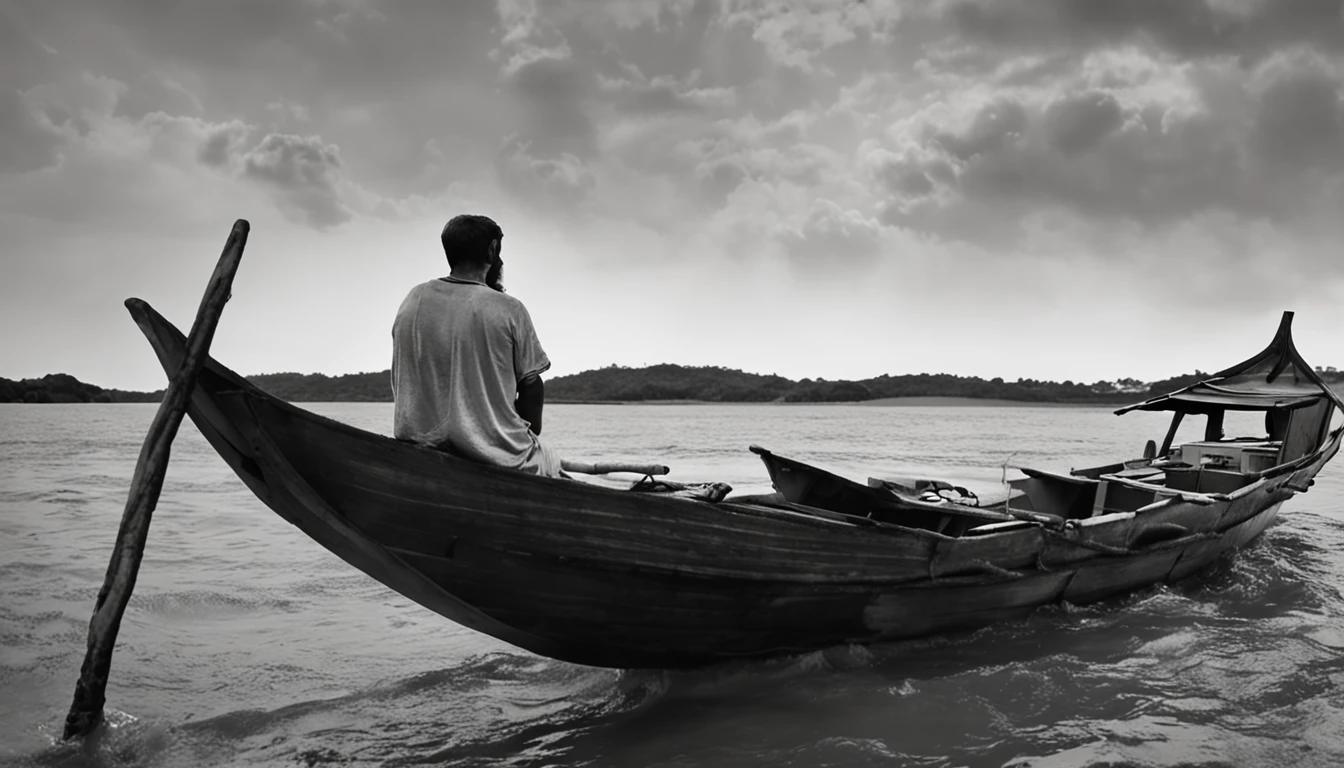 Jesus, sentado dentro de um barco de frente com as suas vestimentas , O barco tem um teto e ele tem uma vela ao lado, the boat is on a river, The bench he's sitting on is very humble;, Wise, cabelos longos, barba preta e bigode com um manto vermelho por cima, up to the feet; , He's in sandals, The boat is large with an awning on top, It's cloudy, escurecendo ele esta com uma vela acessa ao lado. O barco esta num rio um barco medieval