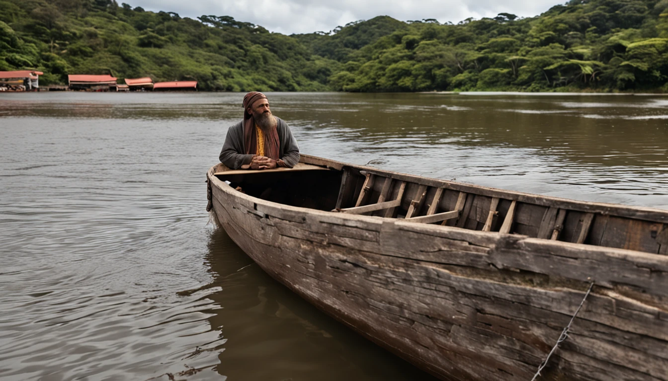 Jesus, sentado dentro de um barco de frente com as suas vestimentas , O barco tem um teto e ele tem uma vela ao lado, the boat is on a river, The bench he's sitting on is very humble;, Wise, cabelos longos, barba preta e bigode com um manto vermelho por cima, up to the feet; , He's in sandals, The boat is large with an awning on top, It's cloudy, escurecendo ele esta com uma vela acessa ao lado. O barco esta num rio um barco medieval