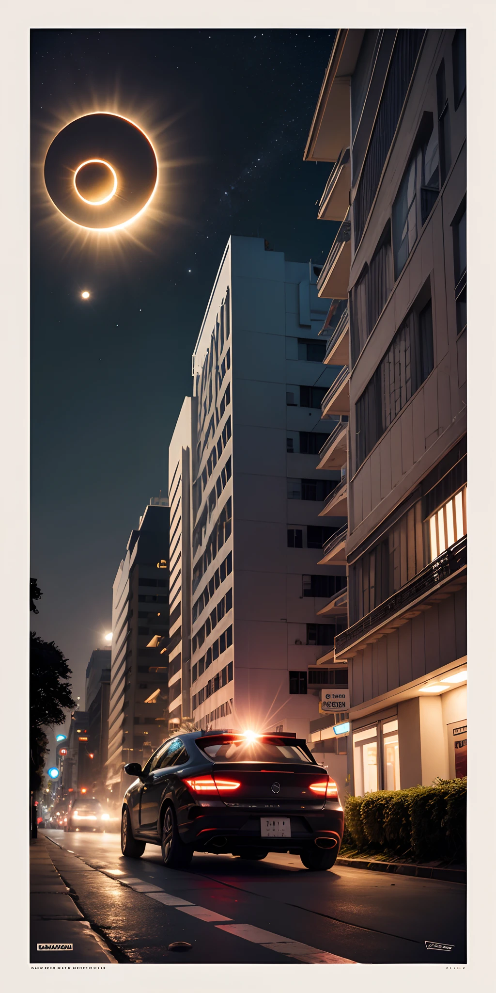 Eclipse lunar duplo sobre uma cidade com alta tecnologia --auto